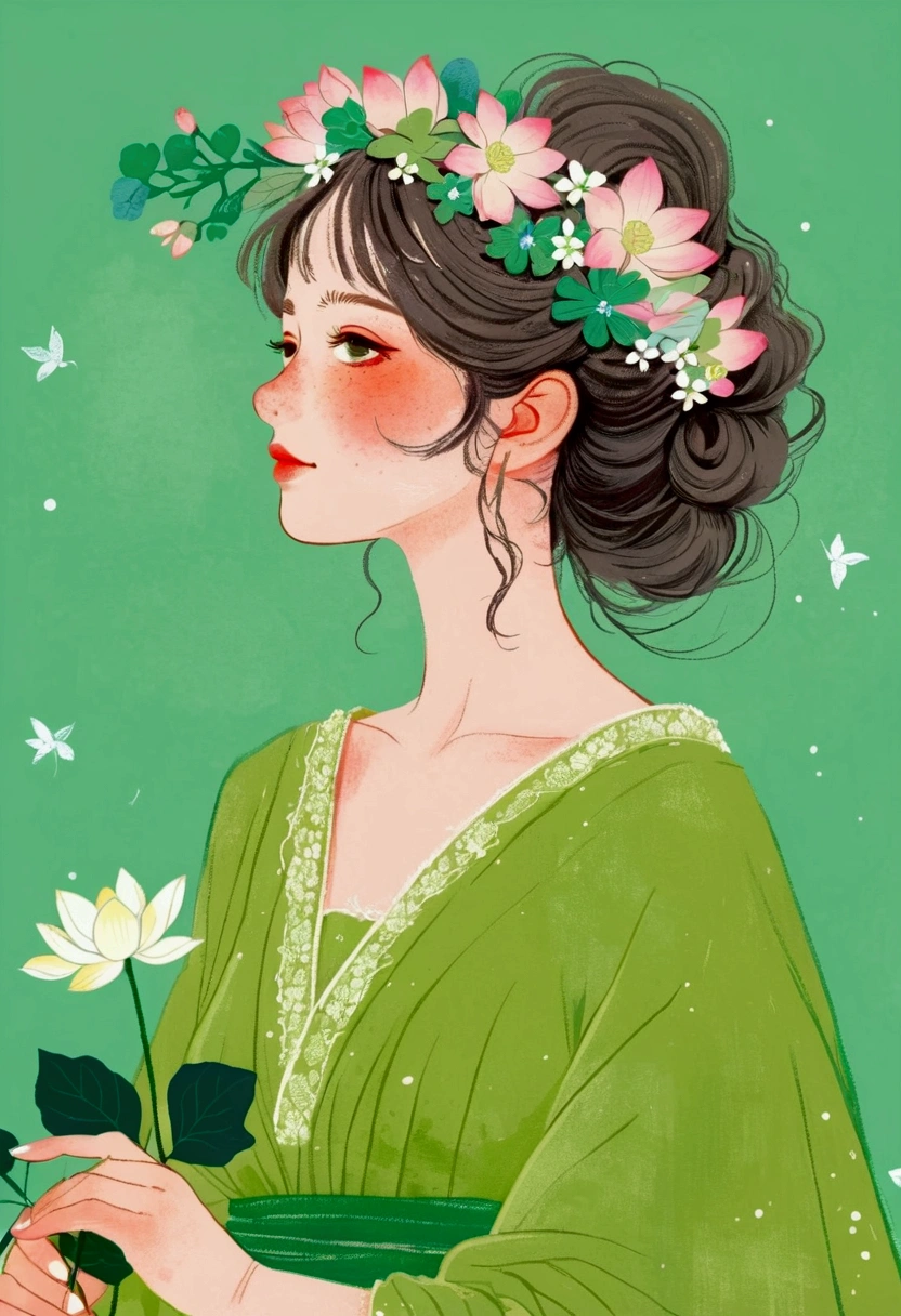 A woman in a green dress、Cartoon of a woman wearing flowers, Girl with a wreath, Lotus flower crown girl, She wore a crown of flowers, Lovely art style, Lo-Fi Girl, Tranquility illustration, Pastel anime illustration, Flower Goddess, Illustration line art style, Popular trends on artstration, Anime Girl Profile, Digital illustration style