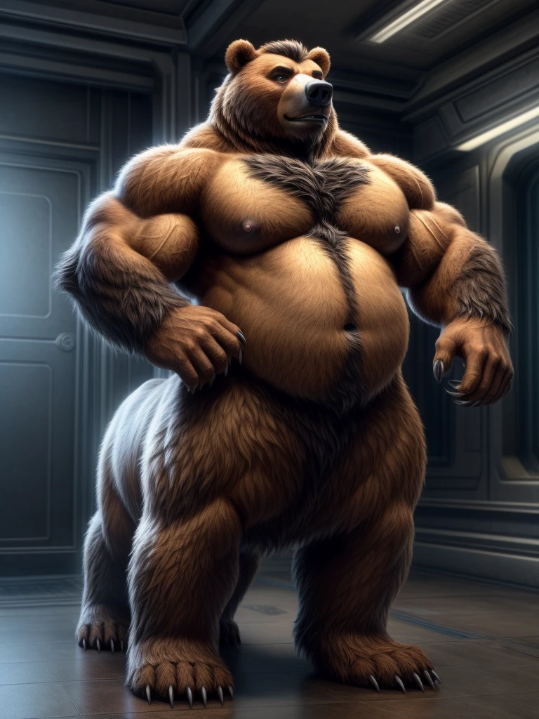furry, fur taur, huge grizzly bear, beartaur, middle-age, solo,1man, detailed face, bear ears, bear eyes(green), bear nose(black), bear mouth, garibaldi beard(grey), hair, mature hair(grey), detailed arm, thick arm, forearm hair, muscular, thick hands(5 fingers), thick claws, detailed body belly, thick body, brown skin, muscle belly(white), thick chest, chest hair(white), nipples, detailed taur body, thick taur body, waist hair, thick bear paws, bear paws hair, thick bear claws, thick bear tail, bear tail, full body shot, standing in the spaces station