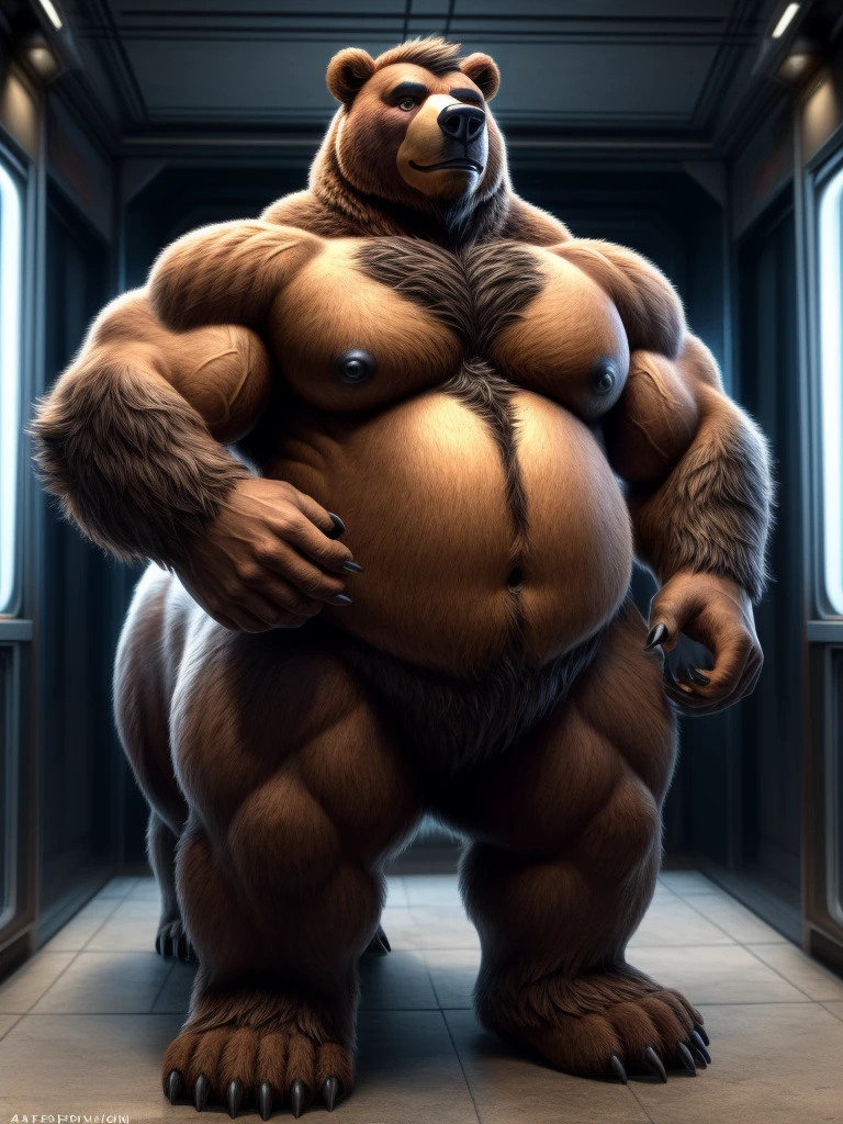 furry, fur taur, huge grizzly bear, beartaur, middle-age, solo,1man, detailed face, bear ears, bear eyes(green), bear nose(black), bear mouth, garibaldi beard(grey), hair, mature hair(grey), detailed arm, thick arm, forearm hair, muscular, thick hands(5 fingers), thick claws, detailed body belly, thick body, brown skin, muscle belly(white), thick chest, chest hair(white), nipples, detailed taur body, thick taur body, waist hair, thick bear paws, bear paws hair, thick bear claws, thick bear tail, bear tail, full body shot, standing in the spaces station
