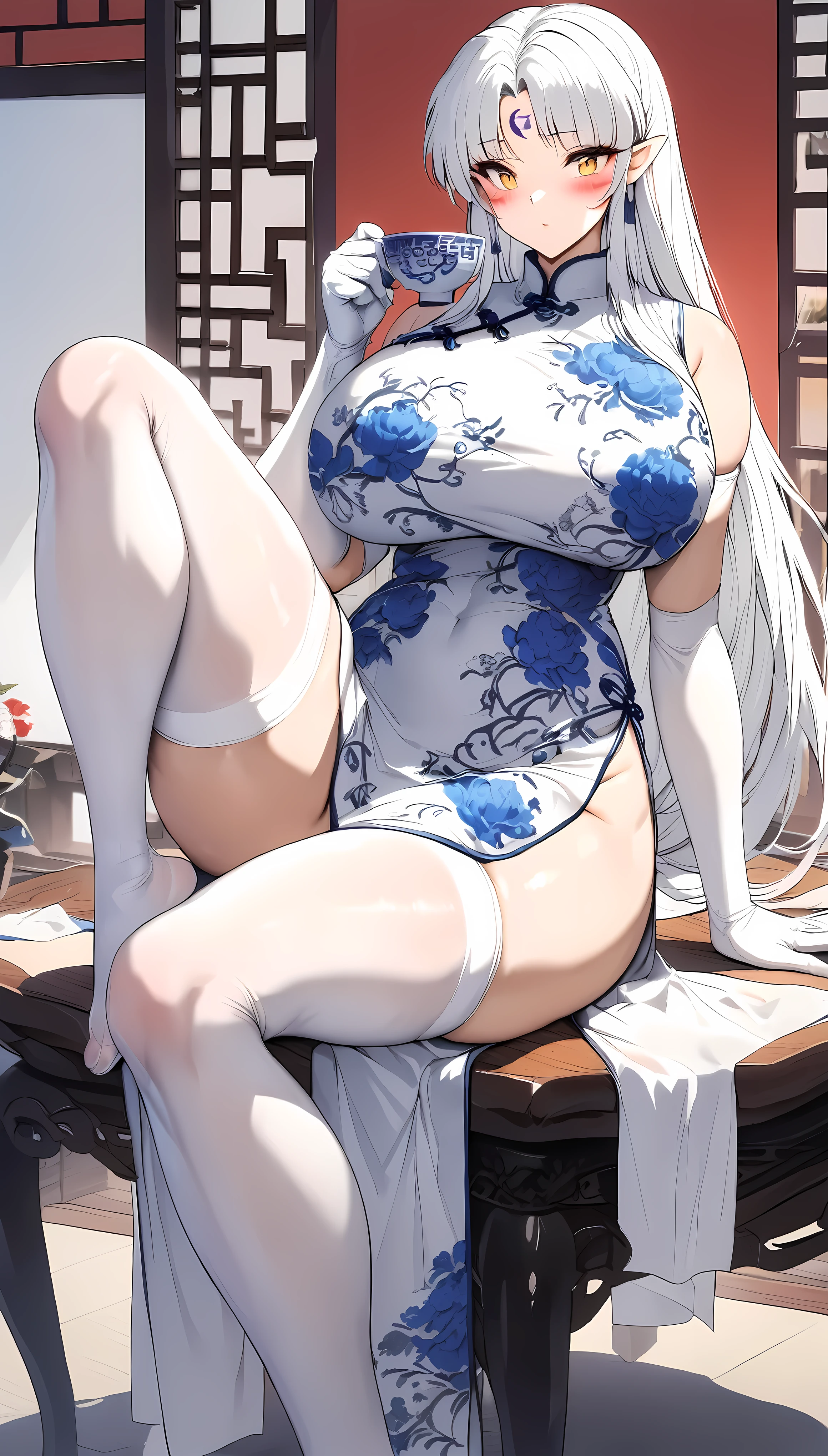 (from side:1.3),side view,masterpiece,best quality,extremely detailed,full body,1girl,Sesshoumaru,sesshoumaru,mature female,detailed beautiful eyes,(scornful eyes),yellow eyes,parted bangs,pointy ears,white hair,very long hair,red facial mark,forehead mark,alternate costume,arm at side,blush,breasts,china dress,chinese clothes,curvy,dress,elbow gloves,bare shoulder,floral print,gloves,(blue and white porcelain gorgeous qipao,blue and white china dress,blue and white chinese clothes,blue and white dress),a china cup,hand up,gigantic breasts,hip vent,holding a china cup,print dress,indoors,(teahouse),holding,red lips,looking at viewer,parted bangs,sleeveless,solo,thick thighs,upturned eyes,5 toes,white thighhighs,wide hips,solo,sitting,leg lift,thick thighs,upturned eyes,white thighhighs,wide hips,