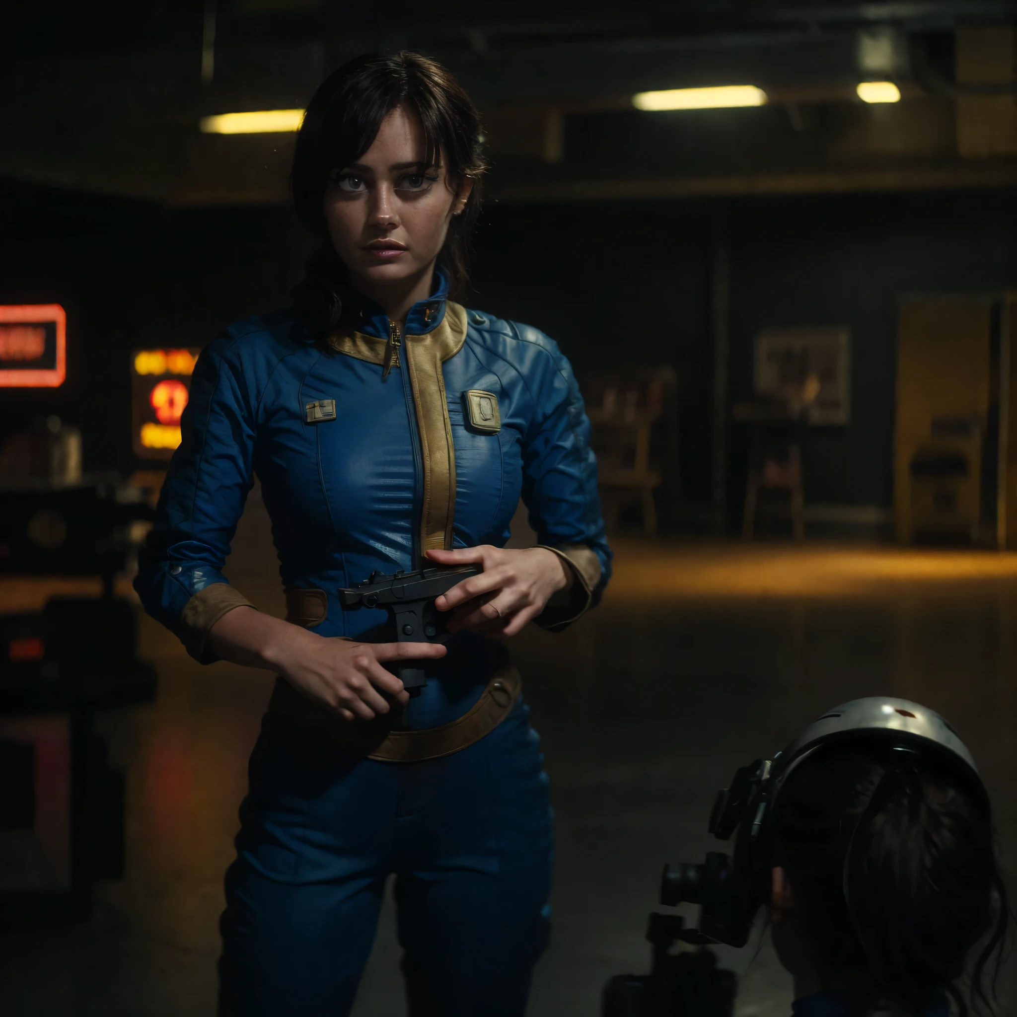 (One person). Fallout TV series. Inside a dimly lit large room in a post-apocalyptic (casino) in Las Vegas. Vaultsuit Lucy, an 18-year-old vault dweller wearing a blue and gold vaultsuit, her black hair disheveled, clutching a large gun in a dimly lit, post-apocalyptic casino. Cinematic. realistic colors, realistic, photorealistic