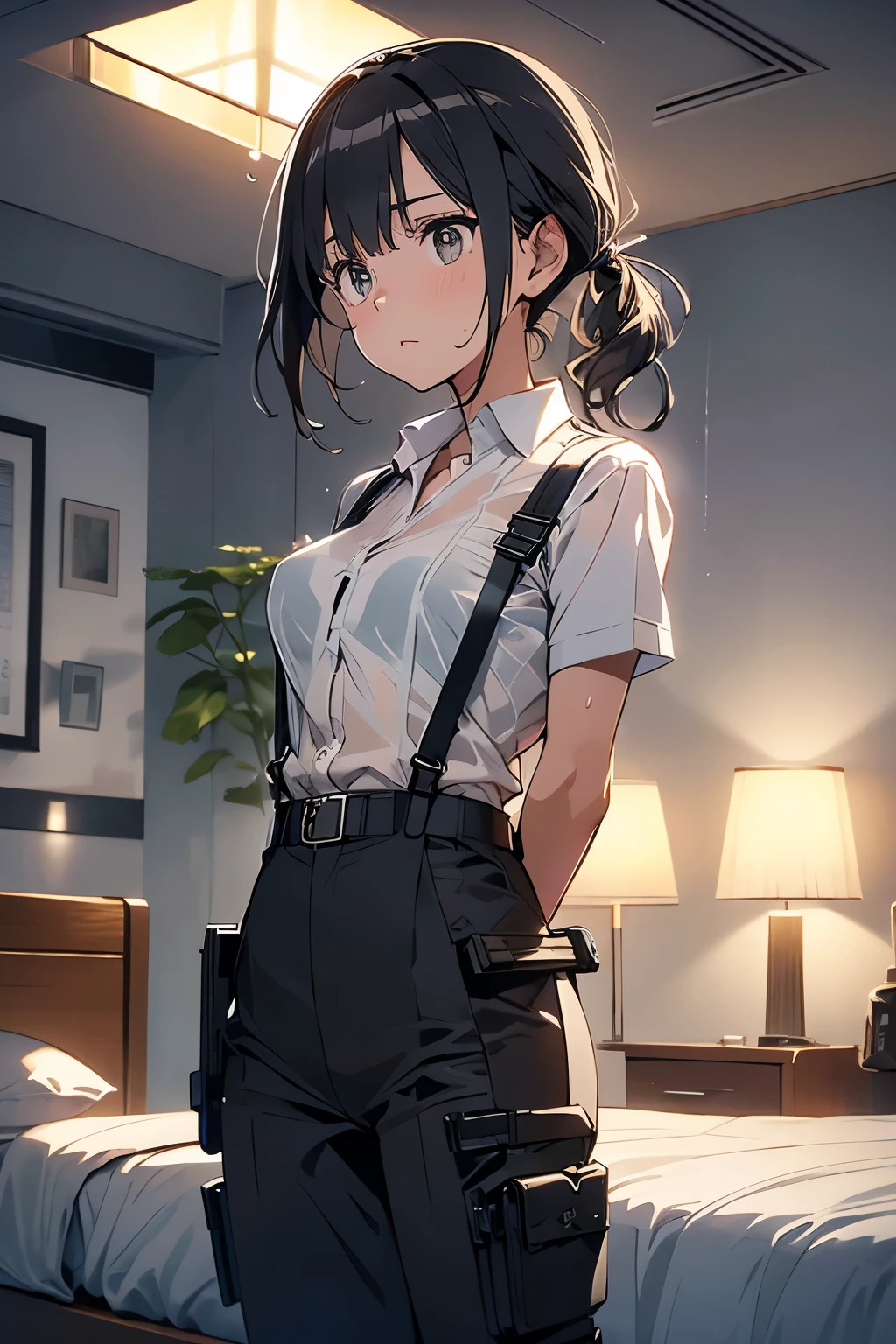 1 female, , high quality, masterpiece, Ultra-high resolution, , Cinema Lighting, , , And the suspenders with the cranes flying　　　Large Breasts　 　 　　　　Small face　 　　　holster　　　　　　　 Lying in bed　Looking up　　　　Sweat 　　　belt　summer　脇Sweat 　Black Hole Gloves　suit　shirt　　Black jacket　 Black trousers　Leg Links　ズボンにbelt　　holster　 　　Hands behind your back　 Anxious expression　Looking up　Anxious face, legs apart　Armament　　Cable ties　レッグholster　holster　See-through clothing　heavy rain　Getting wet in the rain