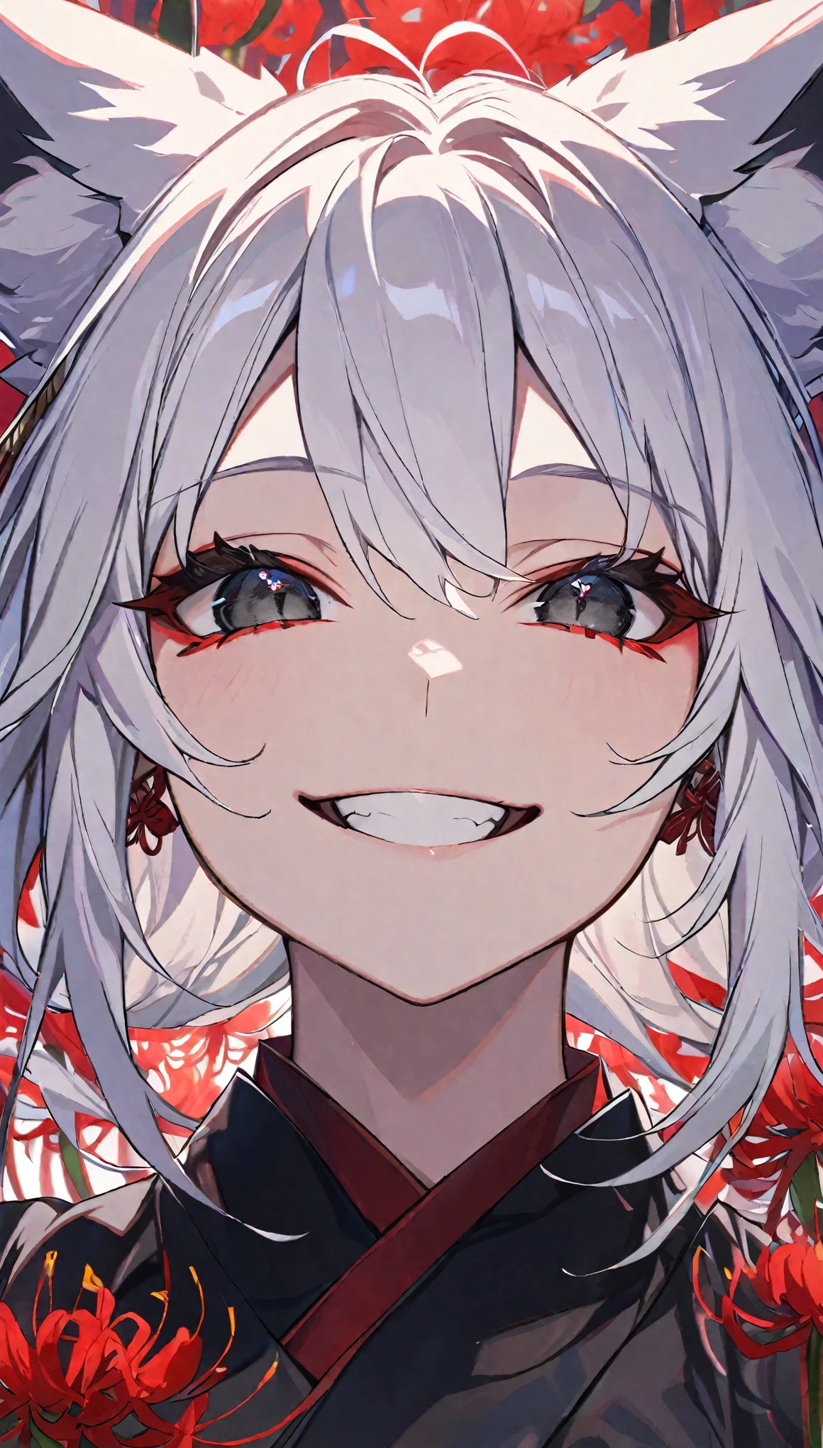 Solitary, 1 female, White hair, black eyes, Black Kimono, Fox ears, Smiling face, Red spider lily, Red spider lily, Red tassel earrings
