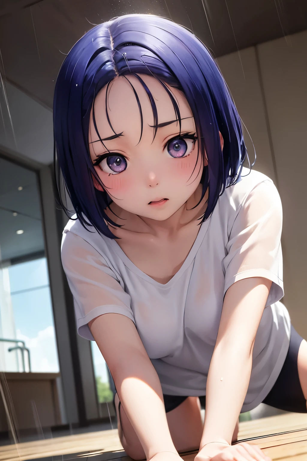 Haruna Sairenji、To Love-Ru、Blue Hair、Bobcut、Hairpins x 2、Show your forehead、high school girl、White gym clothes、Bloomers、Soaking wet、Wet gym clothes、Sheer gym clothes、You can see through the bra、See-through underwear、first round、Embarrassing、blush、Watery eye、Moist eyes、（（（ＳＦＷ、sound、Highest quality、first-clasasterpiece、Normal body、8k、Detailed face、Ultra-precision、Normal hand、Normal finger、５Finger、Highest）））、Full body view、School、Behind the gym、heavy rain、Outdoor、On all fours、Dog collar、リード付きfirst round、犬のfirst roundを付けられた、first roundに鎖、Being pulled by the lead、first roundの鎖を引っ張られている、first roundのリードを牽かれてOn all foursで歩いている、On all foursで散歩、The lead chain is taut、Threatened、Being at the mercy of、Scared