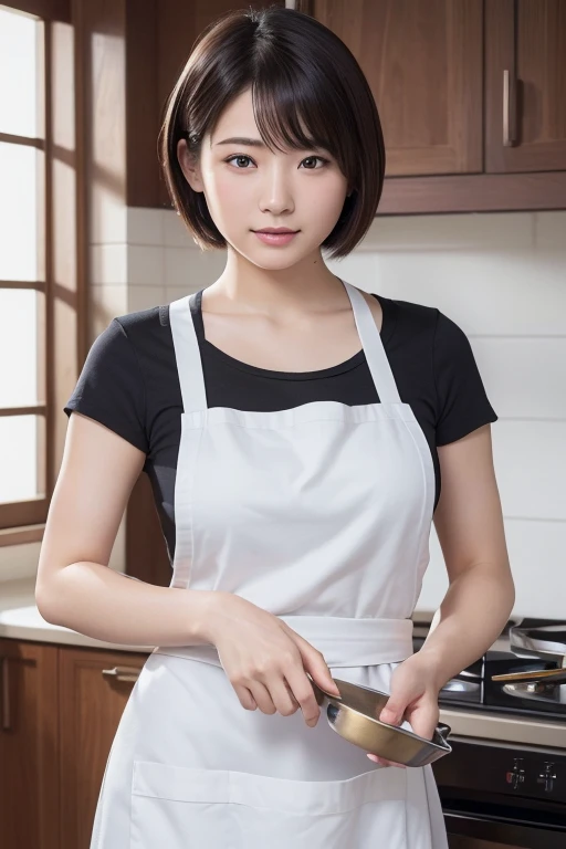 (Highest quality, 4K, 8k, High resolution, masterpiece:1.2), Very detailed, (Realistic, photoRealistic, photo-Realistic:1.37),Japanese Housewife,Big Breasts,20-year-old,short hair,kitchen、cooking,apron,Completely naked,(Hold a frying pan in one hand)