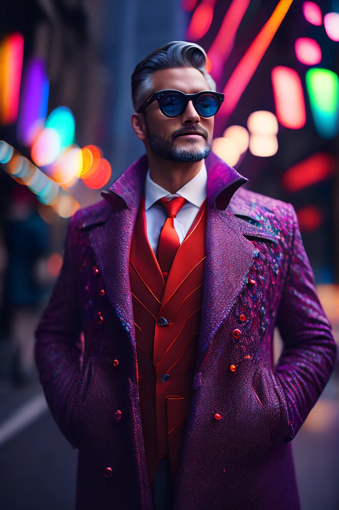 (Man in colorful coat and tie standing,  Fashionista middle-aged 1950s man with intricate colorful modern bright polarized glasses), flufly cabelo clorful, smily expression, (extremely detailed digital photography: 1.2), Standing in the middle of the city, (((fully body))), raw image, analogical, hasselblad, 50wing, f8, 12mm, glow effects, godrays, handdrawn, Render, 8k, octano Render, 4d cinema, Blender, tenebrosa, atmospheric 4K ultra detailed, cinematic sensual,  sharp focus, humorous illustration, big depth of field, Masterpiece artwork, colors, 3d octane Render, 4K, conceptual artwork, trending in the artstation, hyper realist, colors vivas, rim-light, extremely detailed CG unity wallpaper 8k, trending in artstation, trend in CGSociety, Pop Art style by Yayoi Kusama, intrikate, high détail, dramatic
, pure energy, light particules, sci-fi