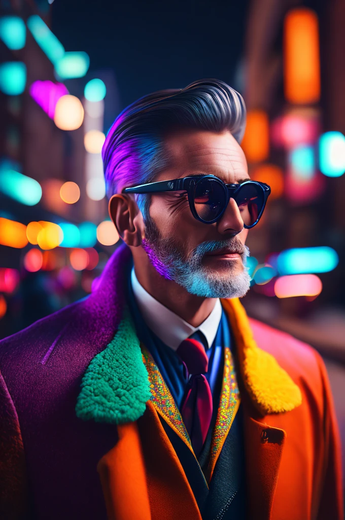 (Man in colorful coat and tie standing,  Fashionista middle-aged 1950s man with intricate colorful modern bright polarized glasses), flufly cabelo clorful, smily expression, (extremely detailed digital photography: 1.2), Standing in the middle of the city, (((fully body))), raw image, analogical, hasselblad, 50wing, f8, 12mm, glow effects, godrays, handdrawn, Render, 8k, octano Render, 4d cinema, Blender, tenebrosa, atmospheric 4K ultra detailed, cinematic sensual,  sharp focus, humorous illustration, big depth of field, Masterpiece artwork, colors, 3d octane Render, 4K, conceptual artwork, trending in the artstation, hyper realist, colors vivas, rim-light, extremely detailed CG unity wallpaper 8k, trending in artstation, trend in CGSociety, Pop Art style by Yayoi Kusama, intrikate, high détail, dramatic
, pure energy, light particules, sci-fi