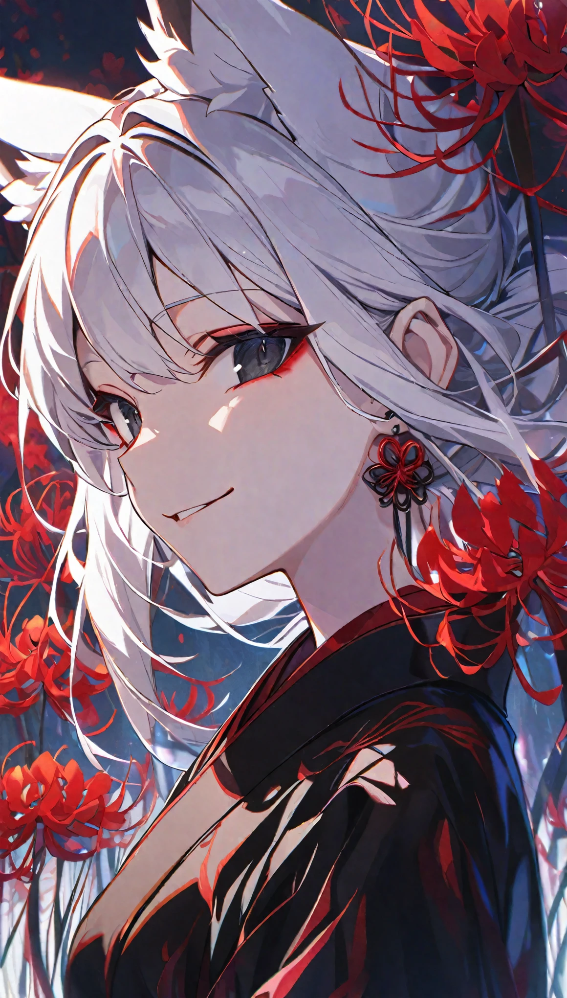 Solitary, 1 female, White hair, black eyes, Black Kimono, Fox ears, Smiling face, Red spider lily, Red spider lily, Red tassel earrings