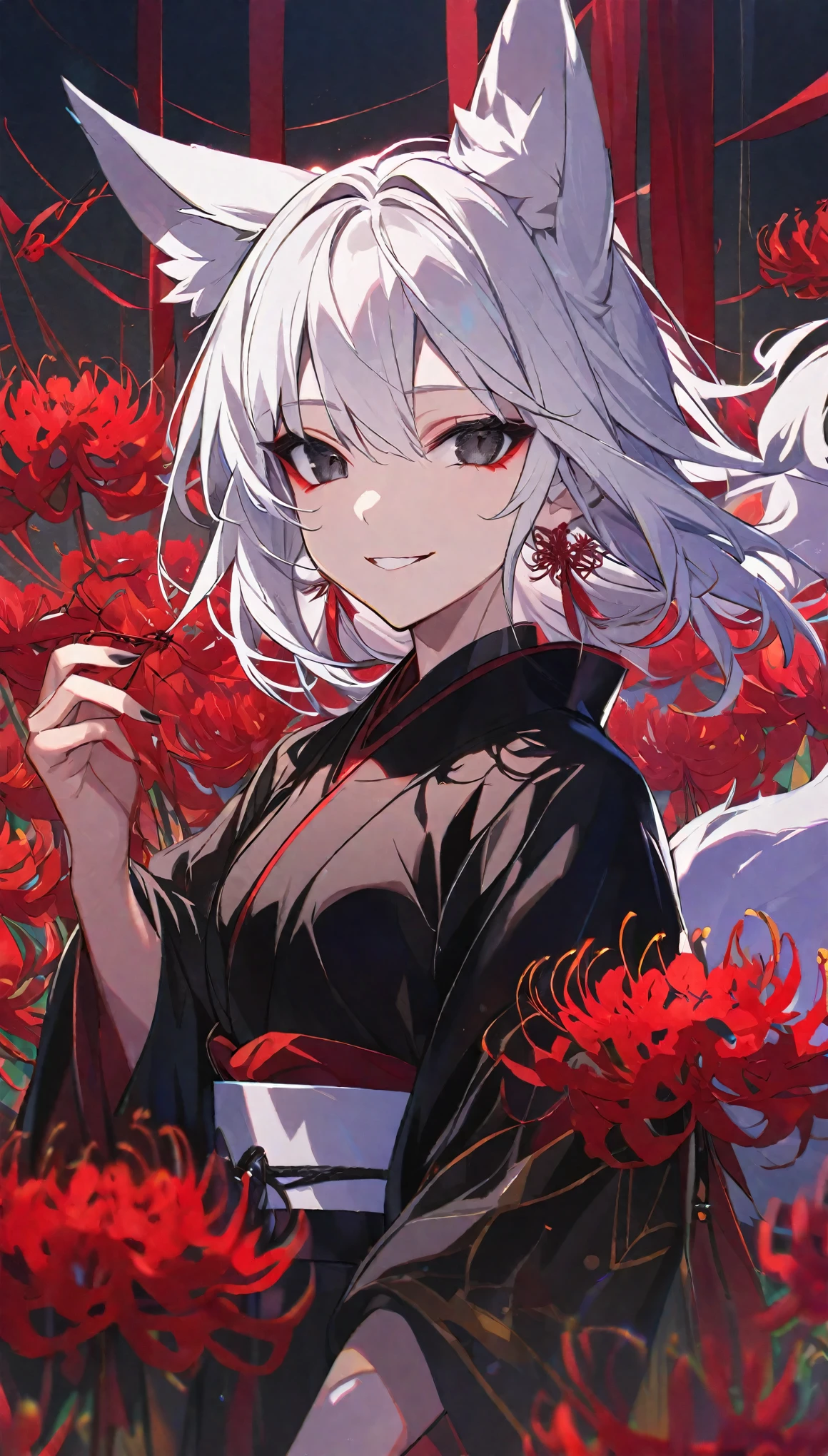 Solitary, 1 female, White hair, black eyes, Black Kimono, Fox ears, Smiling face, Red spider lily, Red spider lily, Red tassel earrings