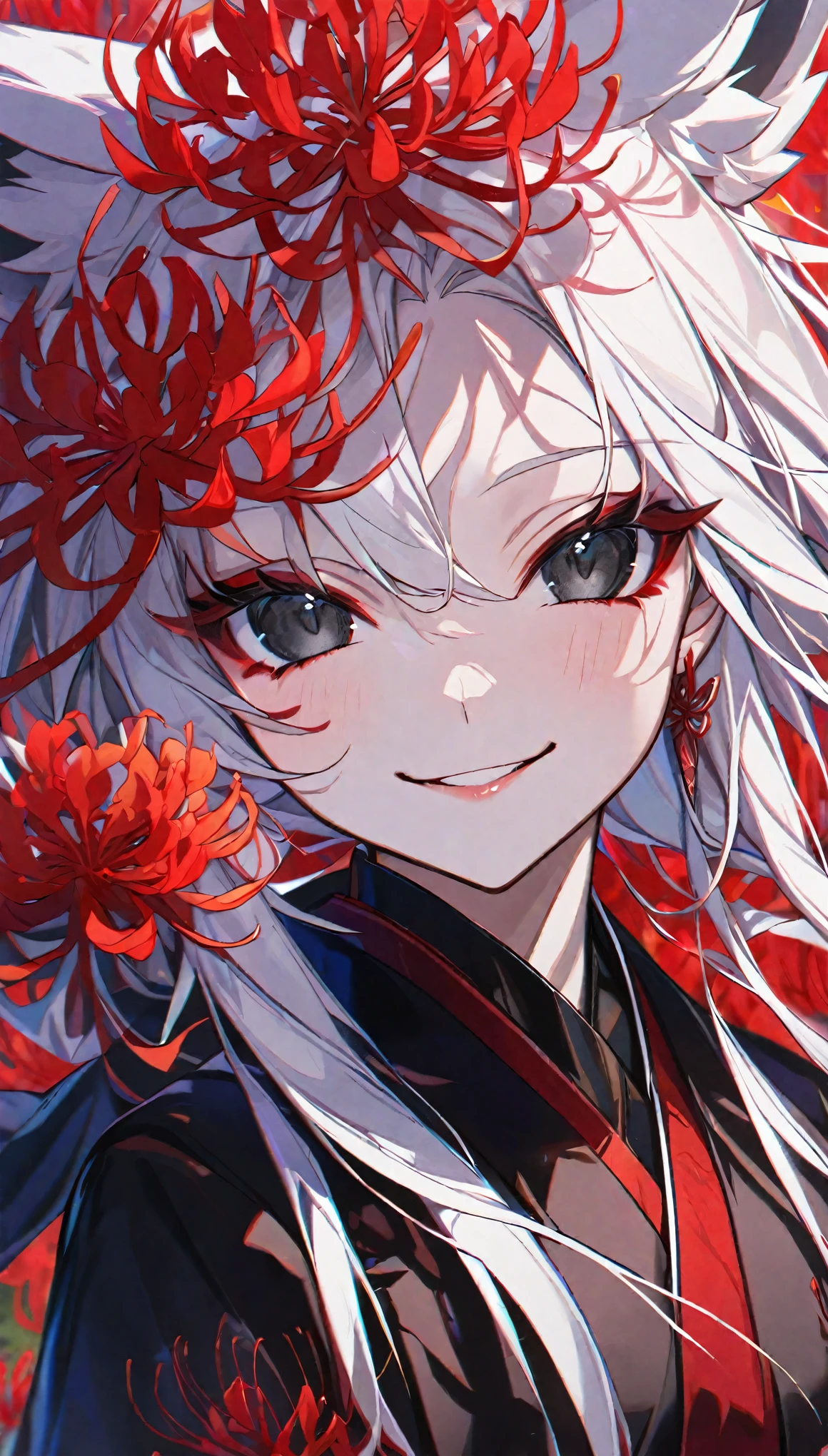 Solitary, 1 female, White hair, black eyes, Black Kimono, Fox ears, Smiling face, Red spider lily, Red spider lily, Red tassel earrings