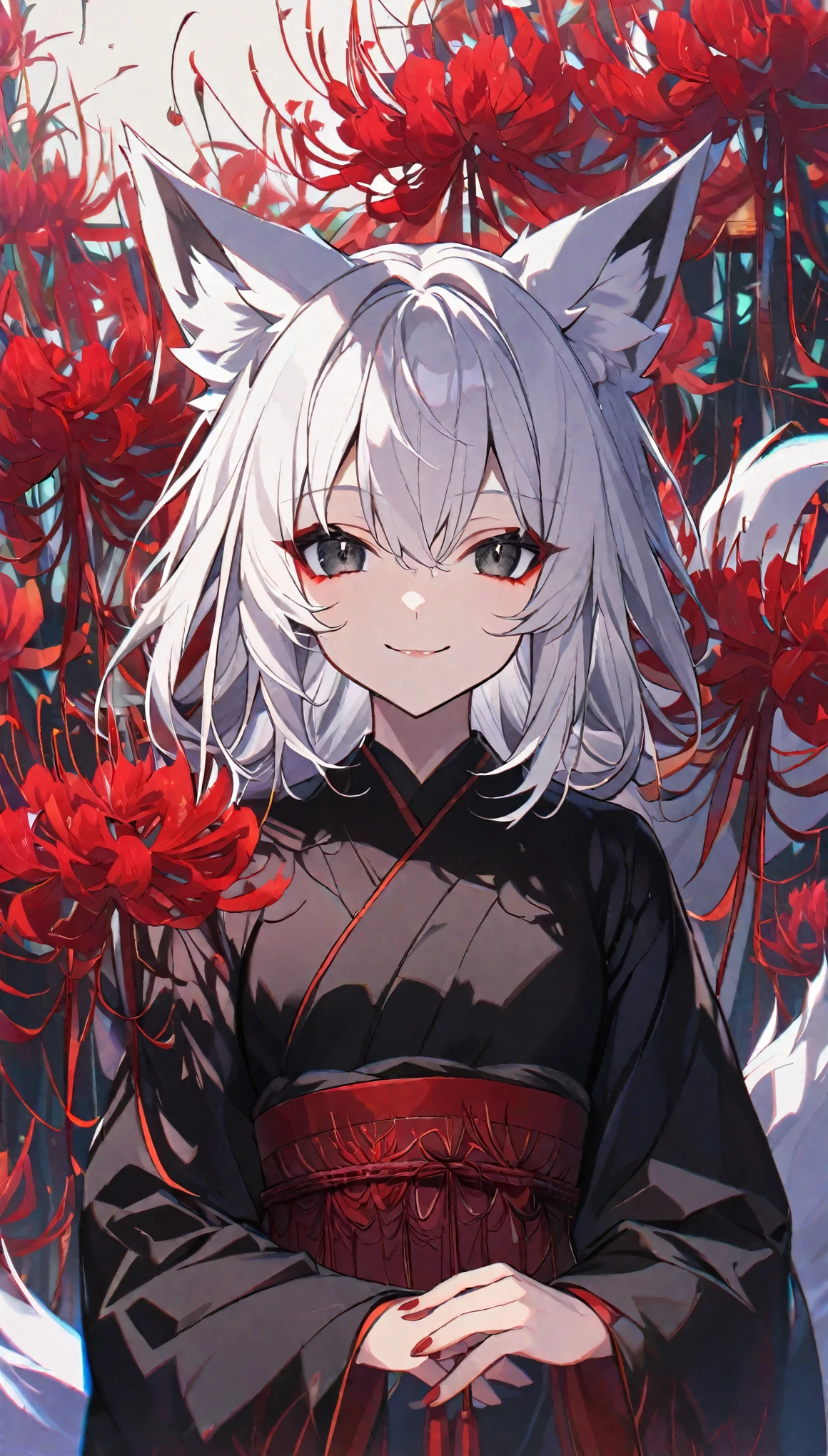 Solitary, 1 female, White hair, black eyes, Black Kimono, Fox ears, Smiling face, Red spider lily, Red spider lily, Red tassel earrings