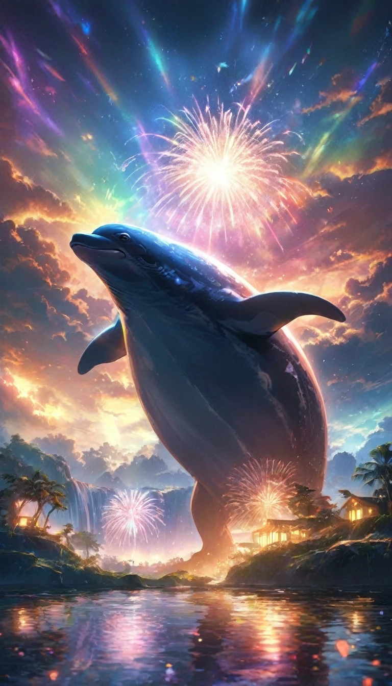 gorilla、King Kong、Rainbow colorsのgorilla、gorillaたちに囲まれて、Mysterious Landscape、firework、firework大会、Rainbow colorsのfireworkが打ちあがっている瞬間、夜nullとともに、幻想的な海景色で壮大なfirework、future都市、Highest quality、masterpiece, (Diffuse reflection of light:1.2), When the fantastic rainbow turns into shadow, bathed in a mystical atmosphere.The whales are watching too, Cast magic spells. evoke a sense of wonder and awe. A fusion of natural grandeur and magic, Weaving dreams into reality. Behold, null, And the unknown, Fleeting、And an eternal moment, 16K, Ultra-high resolution.Realistic, Ultra-high resolution, to be born,future、Rainbow colorsに光り輝く、Rainbow colors、The world 30 years from now。