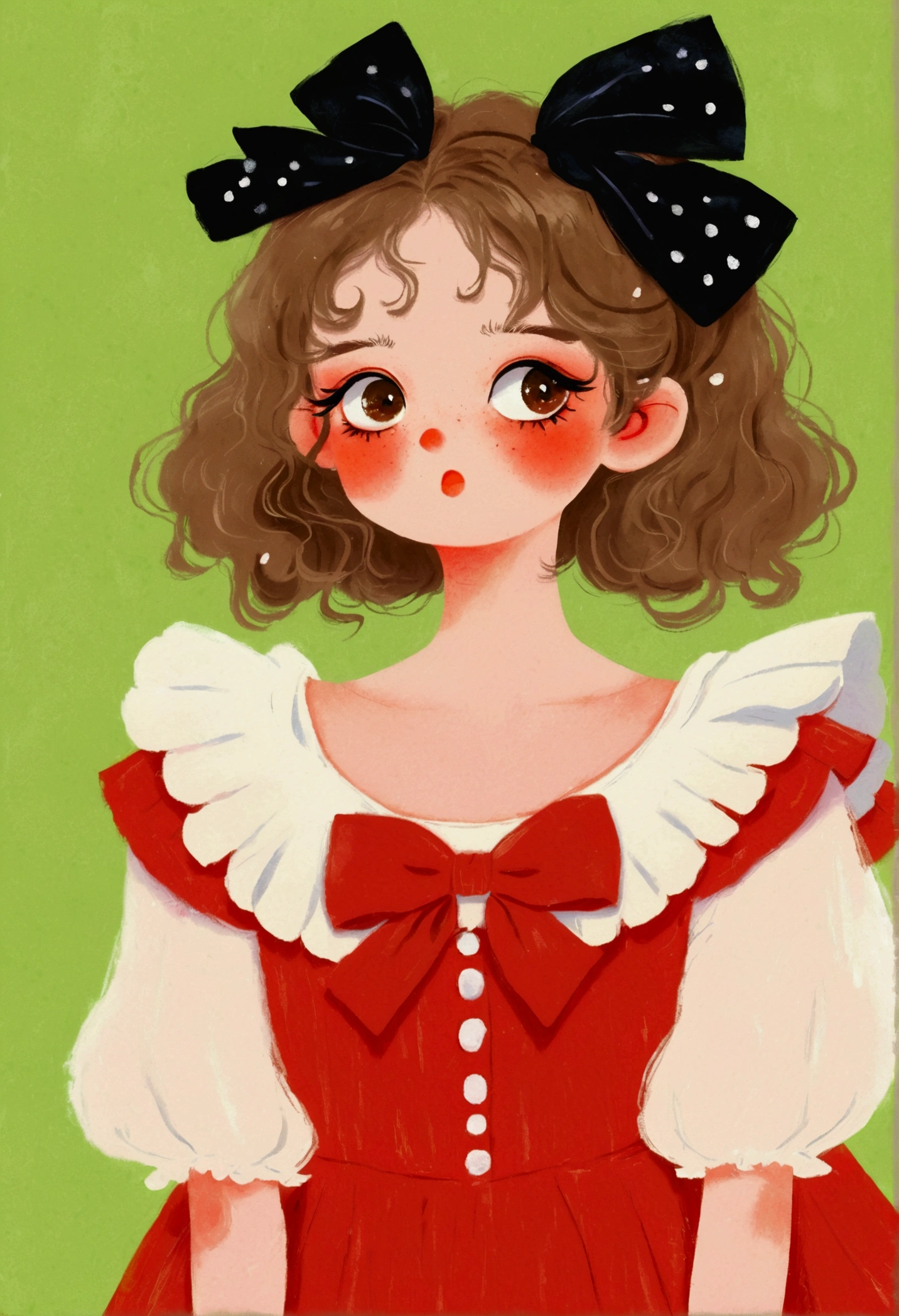 The girl in the painting is wearing a red dress,White collar,Wearing a black bow, , Digital Anime Illustration, Lovely art style, Lovely and detailed digital art, Beauvot Art Style, Digital Art, cute cartoon, Ruffles, Popular trends on artstration, Detailed portrait of anime girl, A beautiful artistic illustration