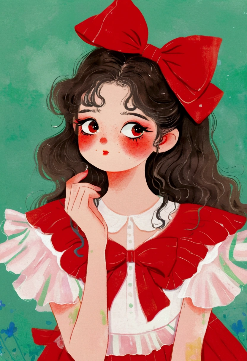 The girl in the painting is wearing a red dress,White collar,Wearing a black bow, , Digital Anime Illustration, Lovely art style, Lovely and detailed digital art, Beauvot Art Style, Digital Art, cute cartoon, Ruffles, Popular trends on artstration, Detailed portrait of anime girl, A beautiful artistic illustration