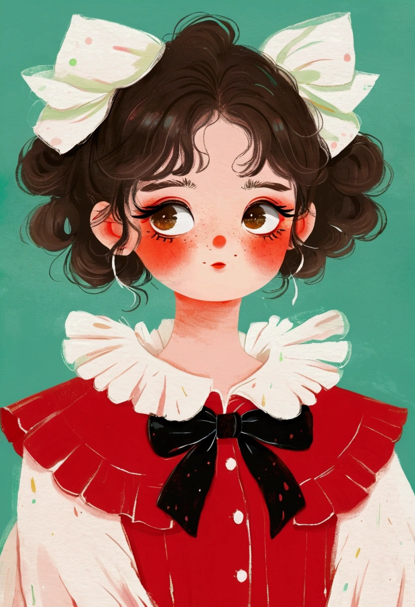The girl in the painting is wearing a red dress，White collar，Wearing a black bow, , Digital Anime Illustration, Lovely art style, Lovely and detailed digital art, Beauvot Art Style, Digital Art, cute cartoon, Ruffles, Popular trends on artstration, Detailed portrait of anime girl, A beautiful artistic illustration