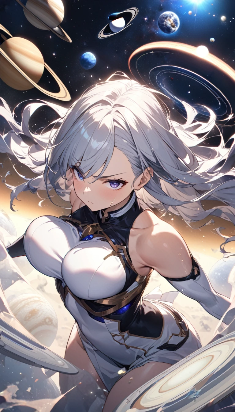 (Science Cover Photo), Highest quality, Great quality, 16K, Unbelievably absurd, Very detailed, delicate and dynamic, universe, The particles reflect light, Diffuse reflection of light, solar system, Saturn,, Diffuse reflection of light, Create amazing image effects,, sweating, universe遊泳, Close-up(Cute sexy girl, big bouncing busts, Sensual expression, Cool girl, Serious, passion, Dynamic, 派手なuniverse服, Saturn, Saturnの環, Saturnの環をかじる)