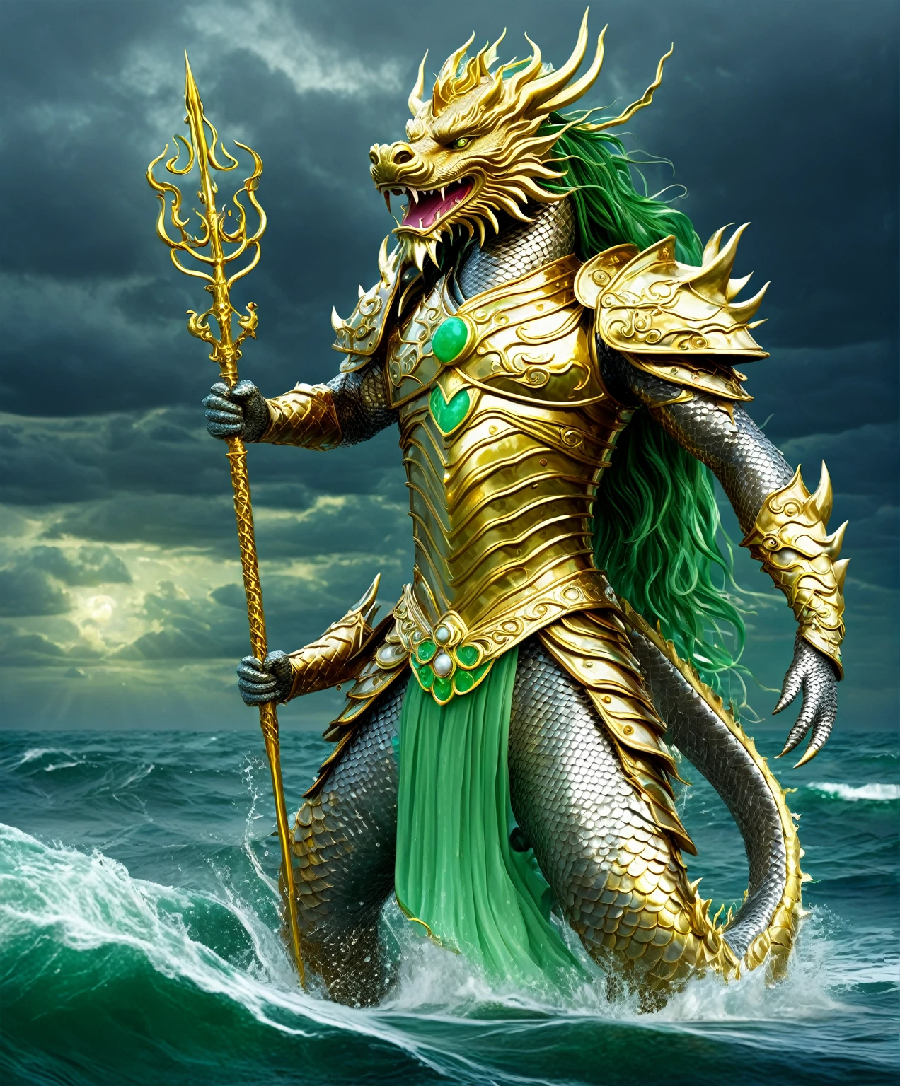 A regal dragon king, with flowing hair and piercing eyes, wearing golden armor adorned with pearls and jade, standing on a stormy sea, holding a trident that glows with divine energy, surrounded by sea serpents and whales, hyperrealistic digital painting