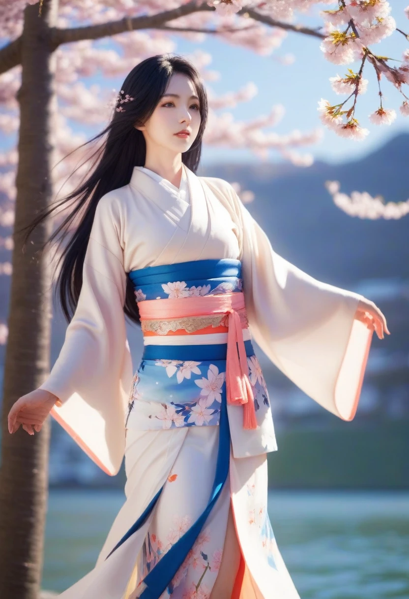 1 girl,black hair, flowing hair, Coast,sight,sight,Cherry Blossom, falling petals, sunlight,divine light,upper body,  color,skirt,kimono