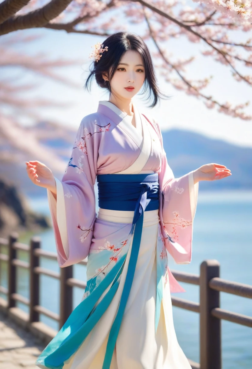 1 girl,black hair, flowing hair, Coast,sight,sight,Cherry Blossom, falling petals, sunlight,divine light,upper body, color,skirt,kimono