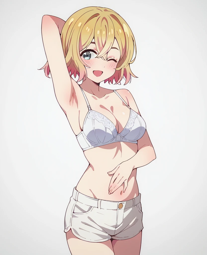 mami nanami, 1girl, solo, blonde hair, hair between eyes, short hair, blue eyes, one eye closed, blush, open mouth, smile, arm up, armpits, arm behind head, breasts, cleavage, lingerie, white bra, negligee, navel, hand on own stomach, white short shorts, bare legs, white high heels, looking at viewer, standing, simple background, white background, 