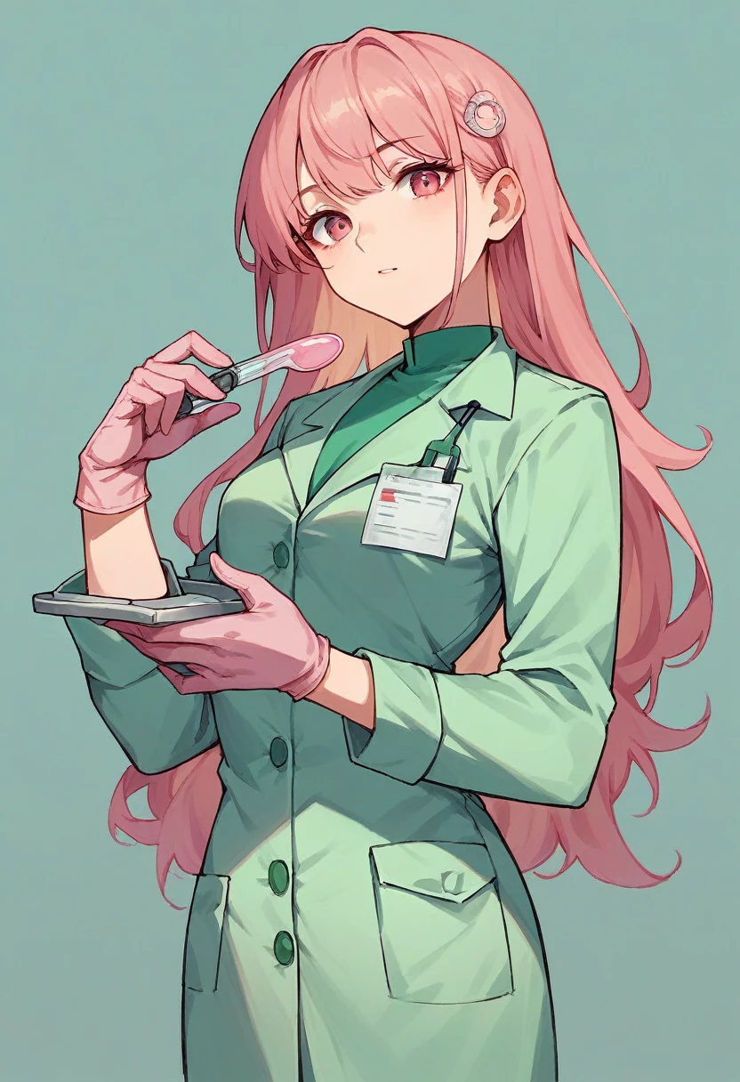1girl, bangs, long hair, ((pink surgical gloves)), ((((long sleeves)))), looking at viewer, ((green doctor outfit)), standing, solo