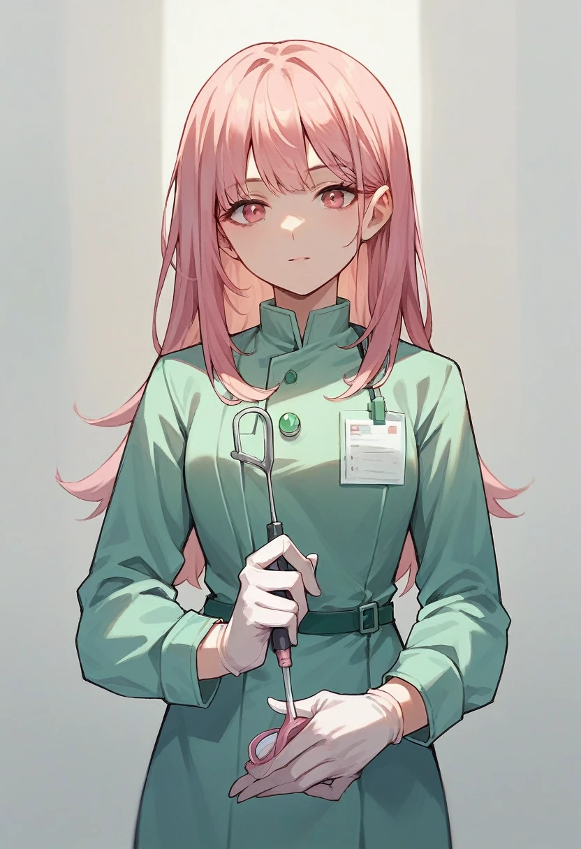 1girl, bangs, long hair, ((pink surgical gloves)), ((((long sleeves)))), looking at viewer, ((green doctor outfit)), standing, solo