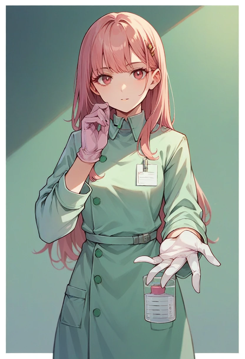 1girl, bangs, long hair, ((pink surgical gloves)), ((((long sleeves)))), looking at viewer, ((green doctor outfit)), standing, solo