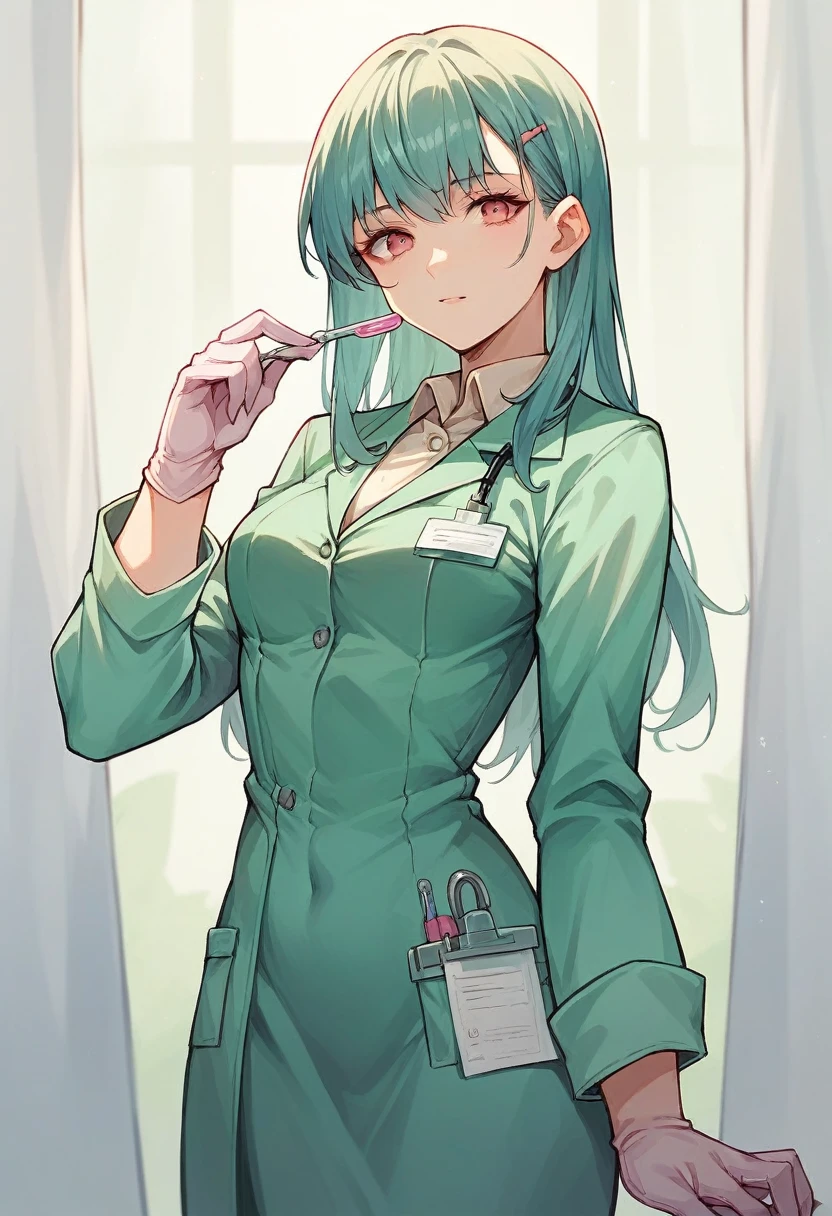 1girl, bangs, long hair, ((pink surgical gloves)), ((((long sleeves)))), looking at viewer, ((green doctor outfit)), standing, solo