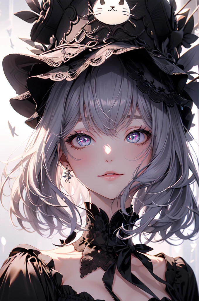 Works by Hyperrealist Artists, Her details are lovingly painted,1 female, Mature beautiful woman,alone, ウェーブのかかった長いGray Hair, Gray Hair, bangs,Fluffy hair,White cat ears,Odd purple and pink eyes, Long eyelashes, Thick eyelashes, Mouth closed,Gothic Lolita fashion based on elegant black、Gothic Dress,Gorgeous Dress, (Long sleeve:1.2),Delicate lace and ribbon、Elegant decoration、Black bonnet and red rose on head,whole body,Particles of light, Soft lighting, Volumetric Lighting, Intricate details, finely, dramatic, Cinematic, Highest quality, masterpiece, Looking at the audience, The background is a bright purple wallpaper with a moon on it., Abundant light,Moonlight,From behind,Hold a cat on your chest,