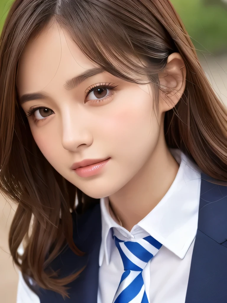(Tabletop:1.4, Photorealistic:1.4, 8k), Highest quality, masterpiece, Ultra-high resolution, Perfect dynamic composition, Big Face、Round face、((Light brown hair, Long Hair, Curly Hair))、Highly detailed skin and facial textures:1.3, Limb details, 1 girl, Cute sexy 22 year old woman, (Sunburn:1.0), ((Totally captivates you:0.9)), ((school uniform, White collar short sleeve shirt, Striped tie)),Mid-chest, (Distant eyes, Beautiful Eyes, Brown eyes、Beautiful erotic eyes:0.85), Sexy Face:0.4, (Mouth closed、Small Mouth、Thick lips、A taste of beautiful eroticism:0.85), ((Too cute beauty:0.9))、Gal Makeup、((Extreme close up))