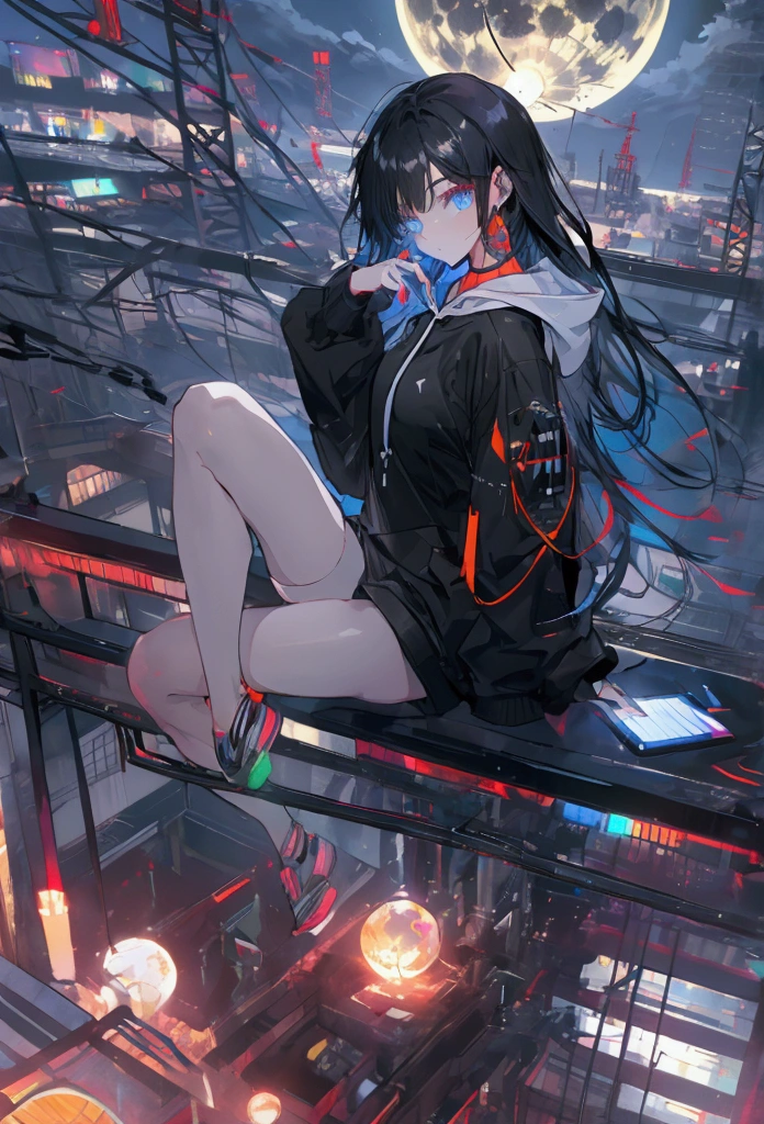 Using a laptop、Beautiful Face、Beautiful legs、Black Hair、full moon,neon.hoodie,Sitting、IT Engineer、Building district、Landscape、rooftop,Dangling legs