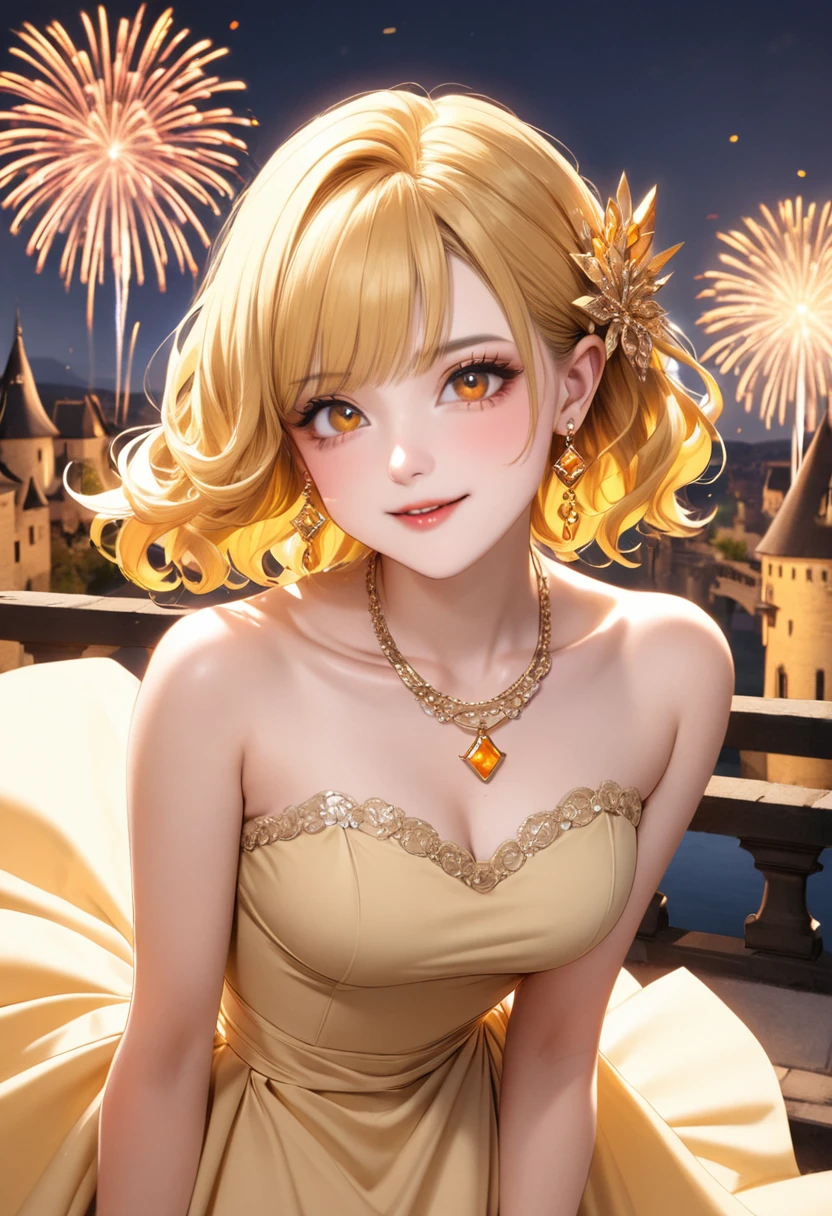 1 female Yellow short wavy hair Yellow eyebrows Orange eyes Socialite debut Beige long dress Inside the castle firework hair ornaments Earrings and matching necklace