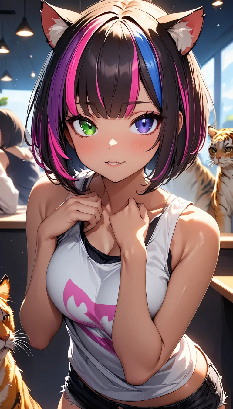 (highest quality:1.2, Very detailed, up to date, Vibrant, Ultra-high resolution, High Contrast, masterpiece:1.2, highest quality, Best aesthetics), Portraiture、girl、solo, (25-years-old:1), (slim:1), heterrochromia, green eye, red eye, Bright color, (Cat ears), (tiger print tank top:1.5), short pants, (cat pose:1), Beautiful fine details、Beautiful lip detail、extra short hair, ((bob cut:1.5))、pink and purple, ((streaked hair:1.9)), (highlights hair: 1.6), (medium breast:0.5), (tan skin:0.5), ((cat cafe, many cats in background:1)), cowboy shot:1.3,
