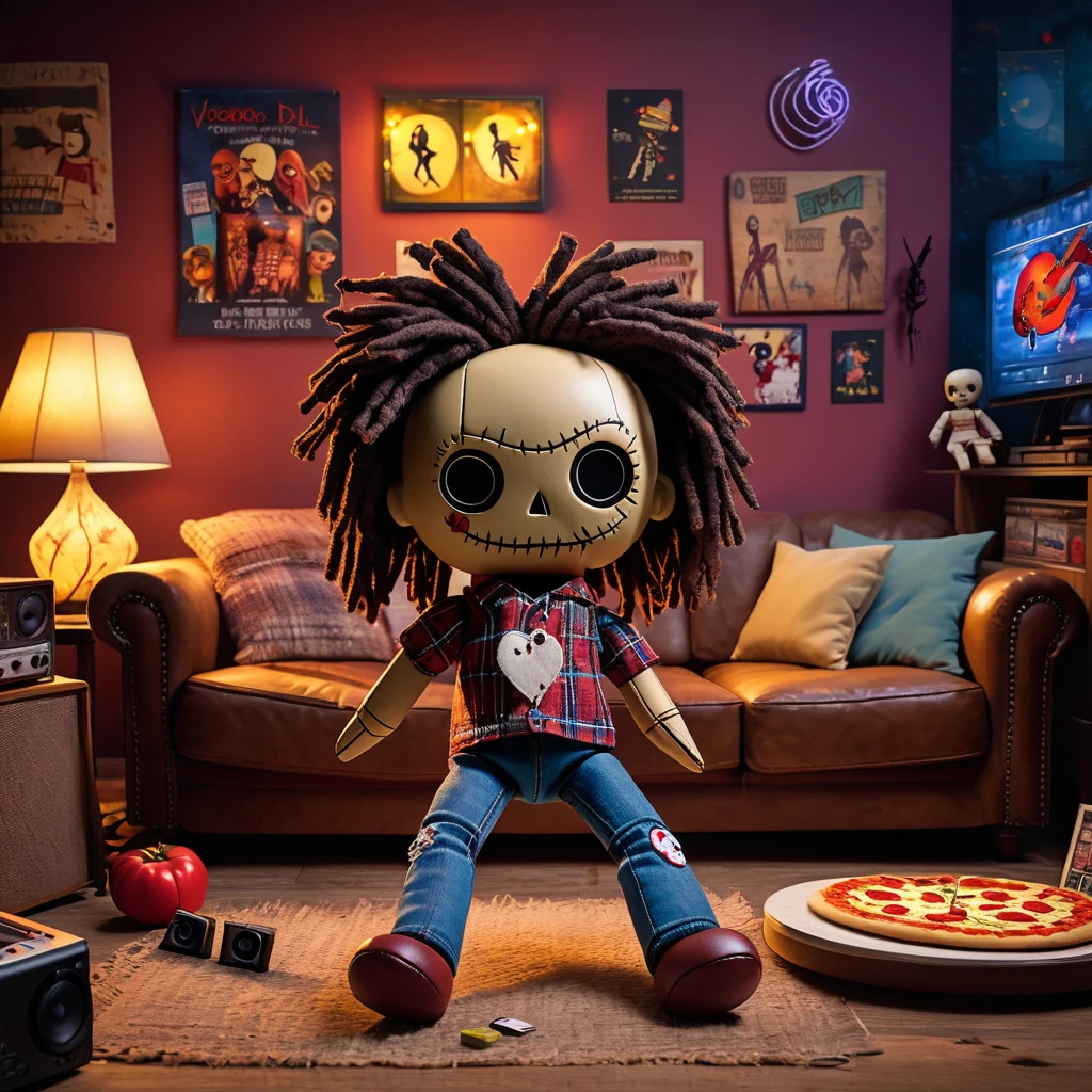 (knitted toy voodoo doll:1.7), (Voodoo Doll at a 90s House Party:1.3), (Clothing: grunge attire with plaid shirts and torn jeans:1.0), (Accessories: enchanted CD player emitting glowing music notes, floating pizza boxes:1.2), (background: cozy living room with friends, bean bags, and movie posters:1.2), best quality, masterpiece, detailed soft oil painting, detailed background, dramatic cinematic lighting, soft edge lighting, professional, dramatic lighting, hard edge lighting, ultra quality, 4k,masterpiece, best quality, 8k, ultra highres, highres, extremely detailed