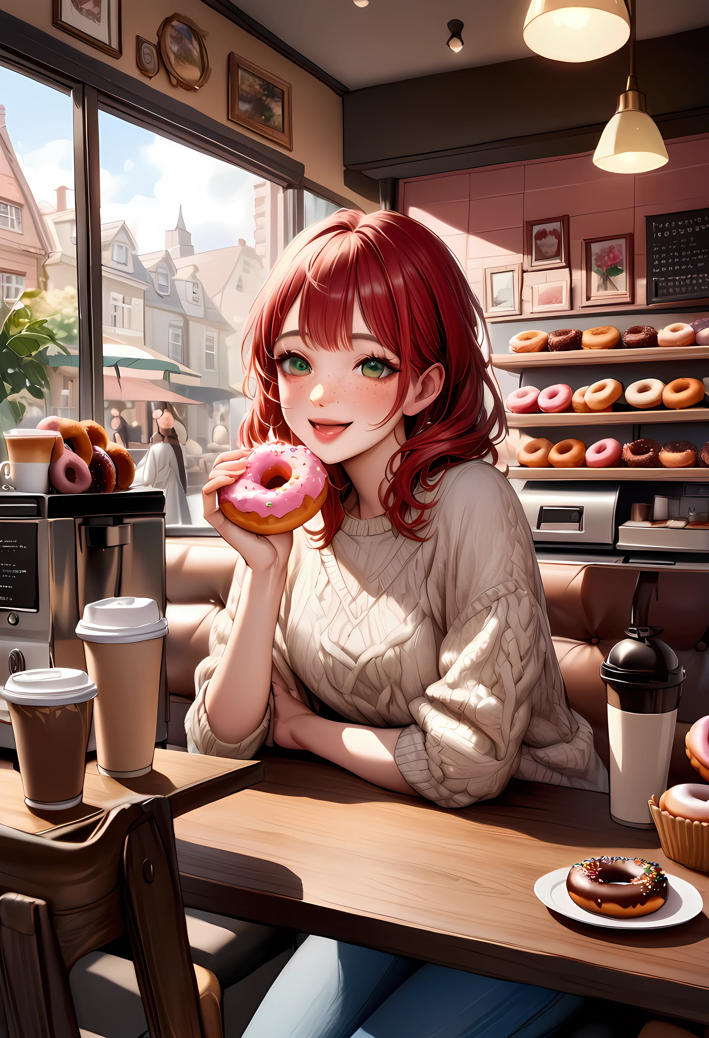 Create a stunning, ultra-high-definition image in 16K resolution that captures the cheerful and cozy atmosphere of a modern donut cafe with a realistic photo aesthetic. | Visualize a beautiful female with cute freckles and vibrant red hair, embodying both charm and joy. She has warm, expressive green eyes and a natural beauty that shines through her radiant smile. She is dressed in stylish casual attire, featuring a light sweater, jeans, and comfortable shoes. Her outfit should blend casual elements with subtle contemporary touches. | The scene is set in a bright and inviting cafe with a display of assorted donuts, a coffee machine, and comfortable seating. The walls are painted in warm, pastel colors, and the environment exudes a sense of relaxation and happiness. | Capture the woman in a dynamic yet relaxed pose, perhaps with one hand holding a coffee cup and the other resting on the table, as she laughs heartily. Her expression should convey pure joy and contentment, with a hint of playfulness. The camera angle should emphasize her full body, highlighting the details of her outfit and the bitten donut on the table. | The overall ambiance should integrate warm colors and rich details, creating a sense of depth and immersion in this delightful cafe setting. Ensure anatomical correctness, with a focus on ultra-detailed textures and high-quality rendering, capturing every nuance of the woman's appearance and her joyful surroundings. This masterpiece should embody the spirit of happiness and enjoyment, immersing viewers in its lifelike depiction. | Keywords: (beautiful laughing female:1.3), ((bitten donut):1.2), ((realistic photo)), ((cute freckles):1.2), ((modern donut cafe)), ((joyful pose)).