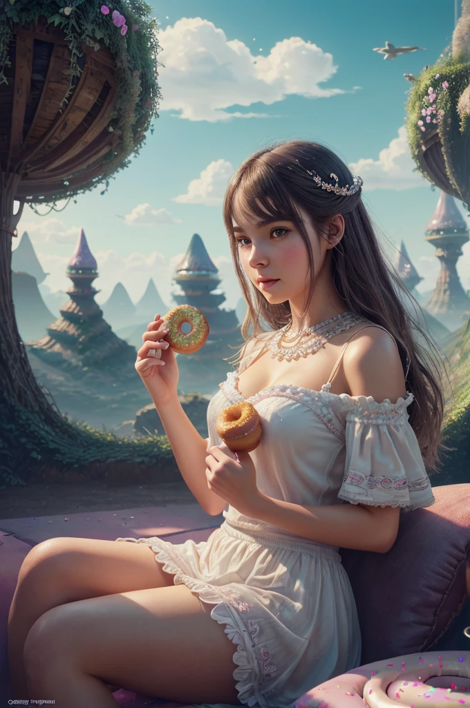 a beautiful young woman, eating donut in a fantasy donut world, giant donuts as houses, donut trees, donut mountains, pastel colors, dreamy, ethereal, whimsical, cute, adorable, high quality, 8k, intricate details, magical, photorealistic, volumetric lighting, ambient occlusion, vibrant colors, soft focus, delicate, imaginative, surreal, fantasy landscape, cute and whimsical aesthetic, masterpiece, best quality perfect composition, hyperrealistic, super detailed, 8k, high quality, trending art, trending on artstation, sharp focus, studio photo, intricate details, highly detailed, art by greg rutkowski