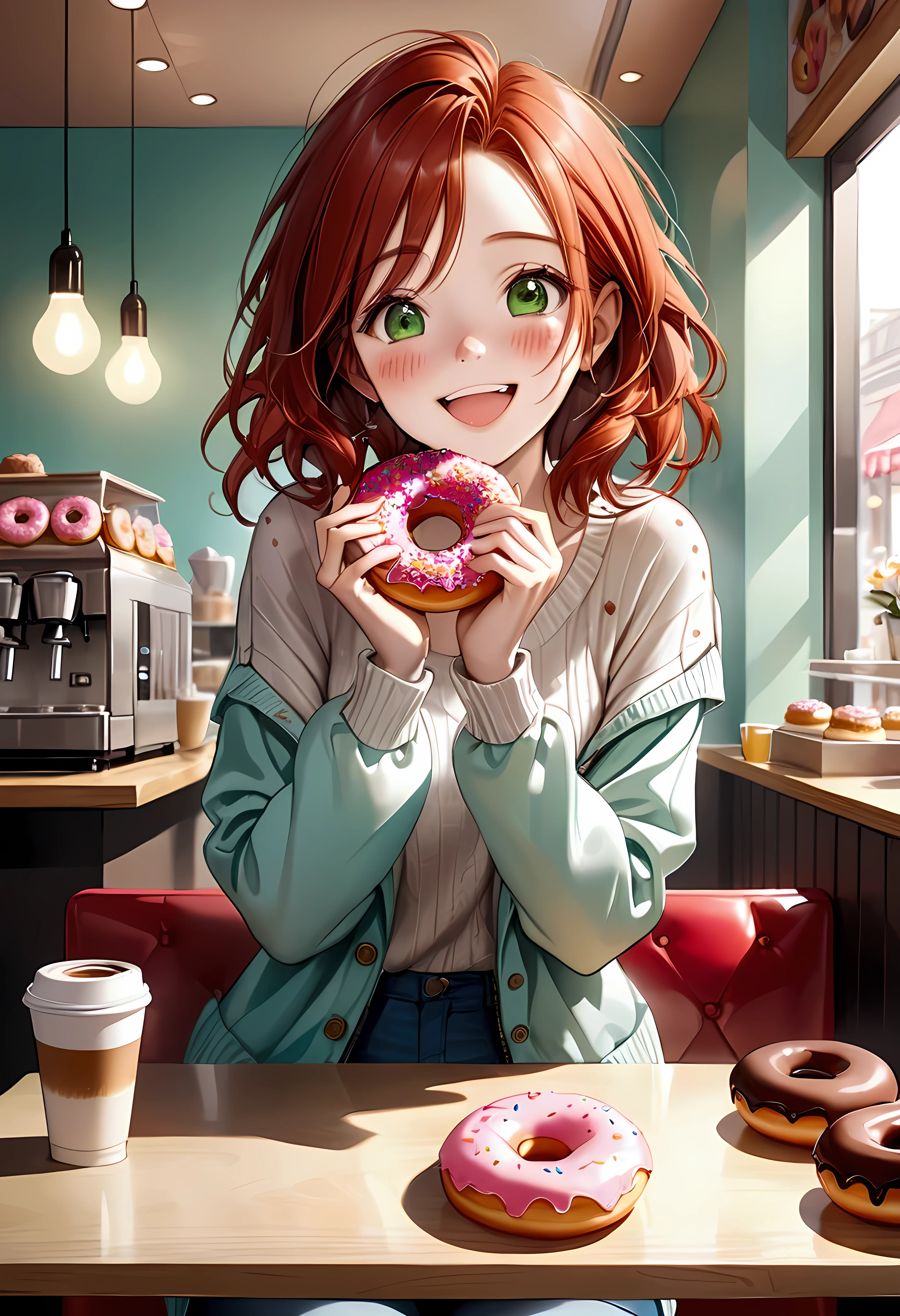 Create a stunning, ultra-high-definition image in 16K resolution that captures the cheerful and cozy atmosphere of a modern donut cafe with a realistic photo aesthetic. | Visualize a beautiful female with cute freckles and vibrant red hair, embodying both charm and joy. She has warm, expressive green eyes and a natural beauty that shines through her radiant smile. She is dressed in stylish casual attire, featuring a light sweater, jeans, and comfortable shoes. Her outfit should blend casual elements with subtle contemporary touches. | The scene is set in a bright and inviting cafe with a display of assorted donuts, a coffee machine, and comfortable seating. The walls are painted in warm, pastel colors, and the environment exudes a sense of relaxation and happiness. | Capture the woman in a dynamic yet relaxed pose, perhaps with one hand holding a coffee cup and the other resting on the table, as she laughs heartily. Her expression should convey pure joy and contentment, with a hint of playfulness. The camera angle should emphasize her full body, highlighting the details of her outfit and the bitten donut on the table. | The overall ambiance should integrate warm colors and rich details, creating a sense of depth and immersion in this delightful cafe setting. Ensure anatomical correctness, with a focus on ultra-detailed textures and high-quality rendering, capturing every nuance of the woman's appearance and her joyful surroundings. This masterpiece should embody the spirit of happiness and enjoyment, immersing viewers in its lifelike depiction. | Keywords: (beautiful laughing female:1.3), ((bitten donut):1.2), ((realistic photo)), ((cute freckles):1.2), ((modern donut cafe)),  ((joyful pose)).