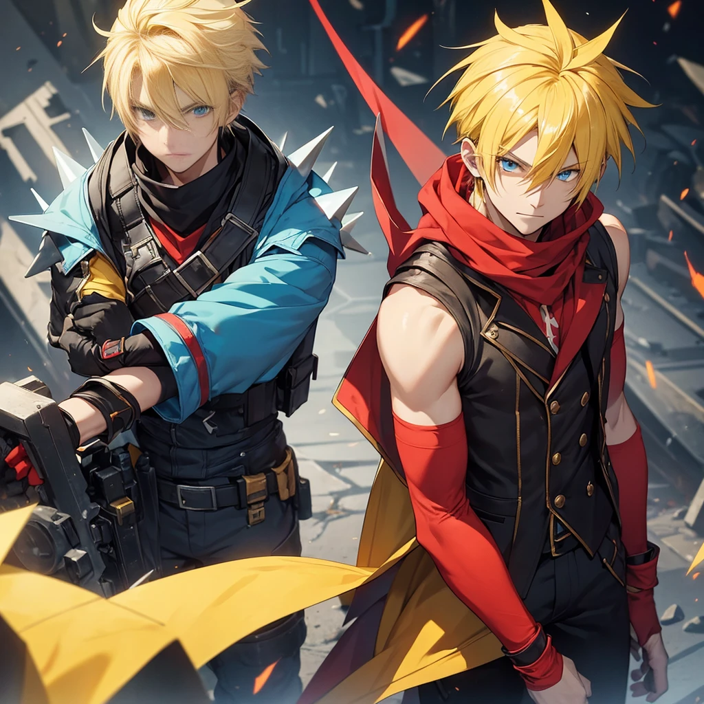 (26 years old), (male), Yellow hair, (Blue eyes), (Spiky Hair), red scarf, red vest, sleeveless, black pants, black gloves, slim, up to legs