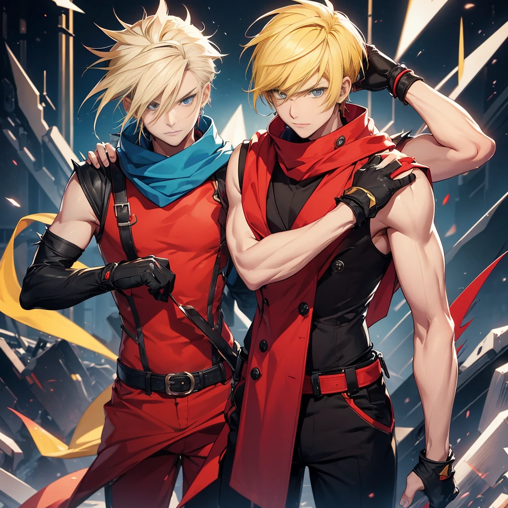 (26 years old), (male), Yellow hair, (Blue eyes), (Spiky Hair), red scarf, red vest, sleeveless, black pants, black gloves, slim, up to legs