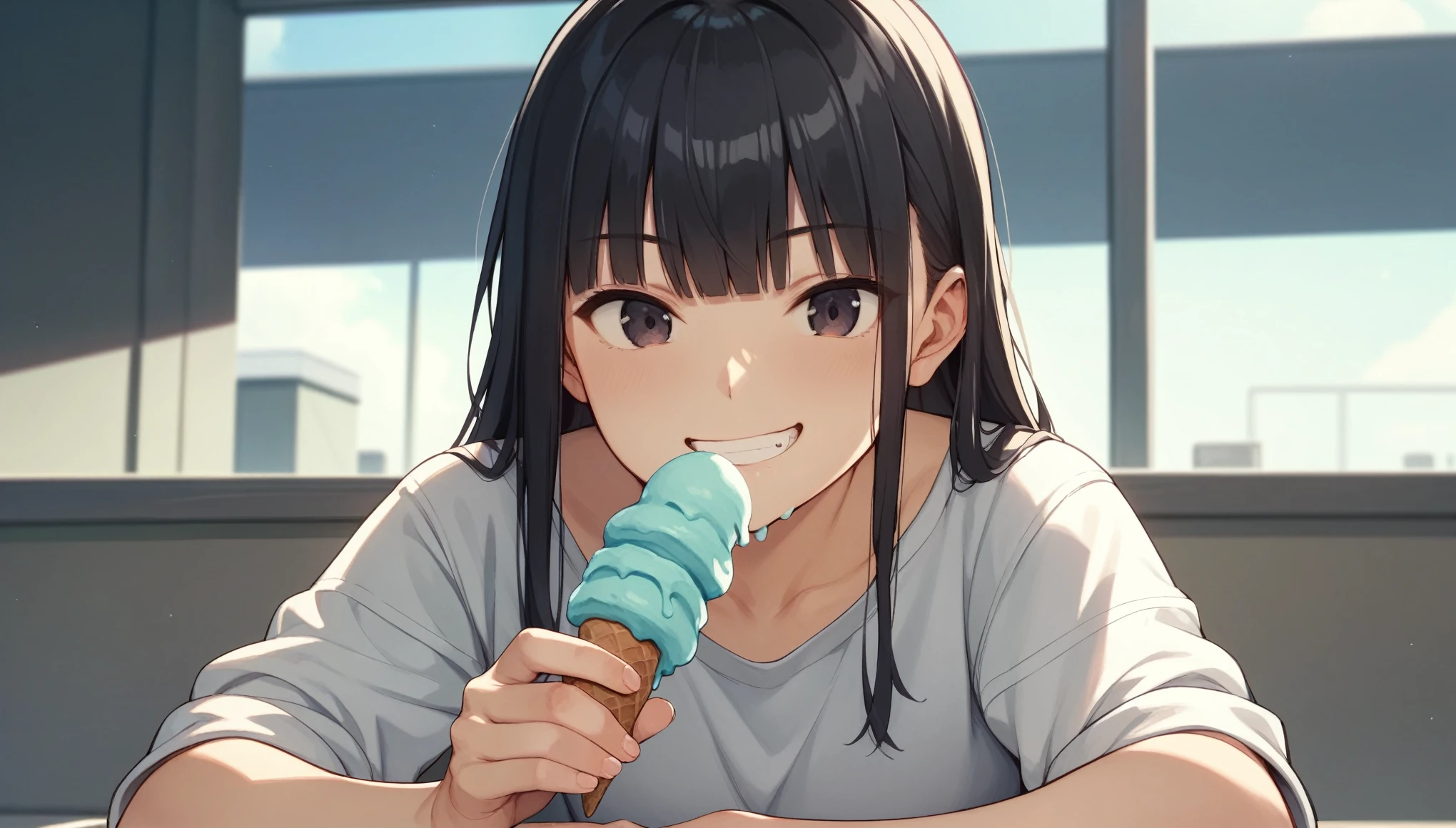Eating ice cream、high resolution、Tabletop、Summer sky、To the Cloud、White shirt、Hair between the eyes、blunt bangs、Black Hair、smile、Grin、