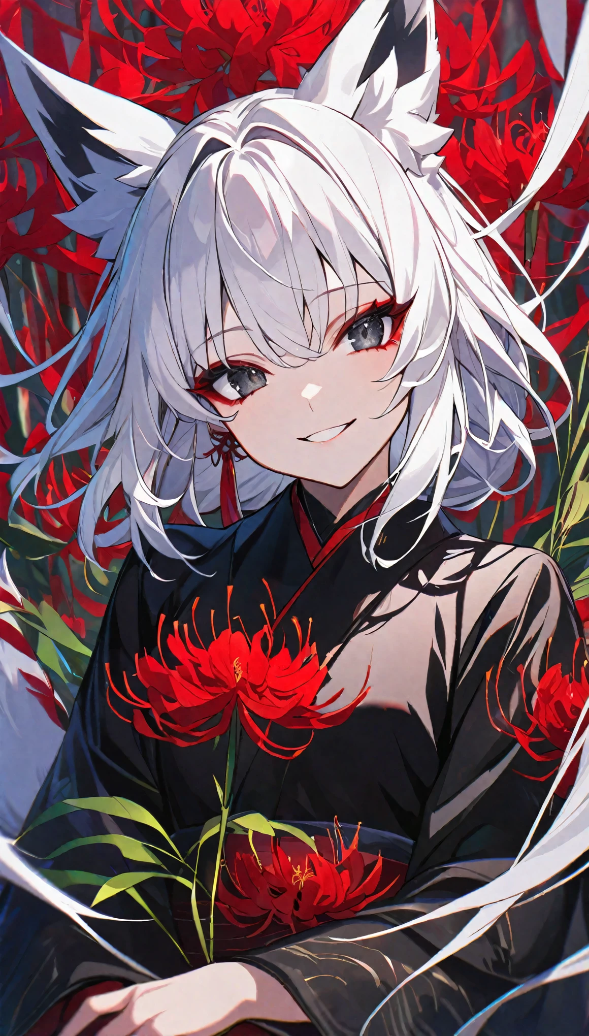 Solitary, 1 female, White hair, black eyes, Black Kimono, Fox ears, Smiling face, Red spider lily, Red spider lily, Red tassel earrings