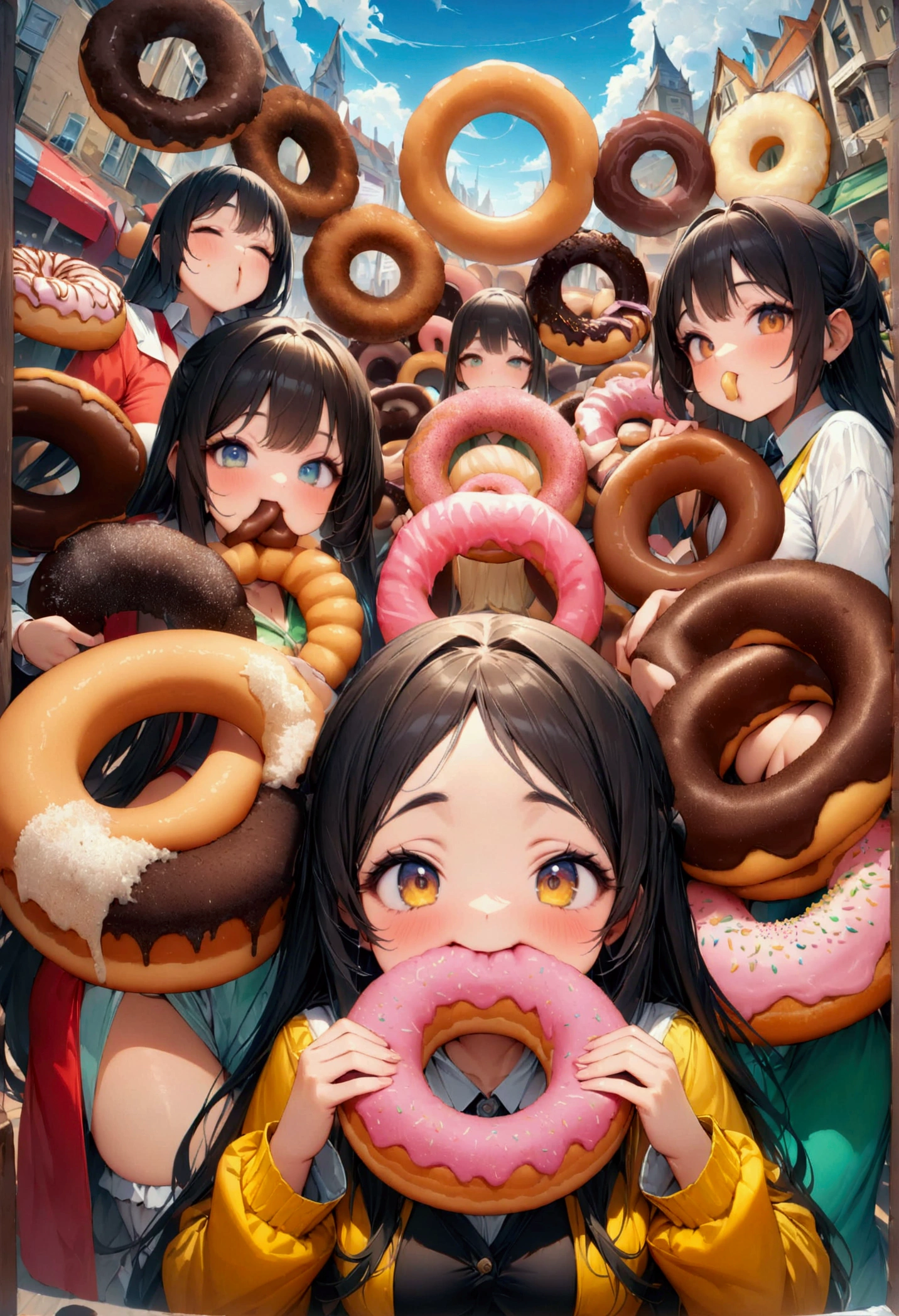 ((only one super giant doughnut, girls eating donuts in a circle:1.5)), multiple girls, group picture, lineup, (masterpiece:1.2), best quality, high quality, (hyper detailed), 4K, high resolution, extremely fine, giggling, 