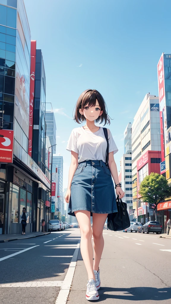 "A full-body photograph of a woman standing outdoors in a modern Japanese city on a sunny day. She is dressed in casual yet refined attire, such as a white T-shirt, a light denim skirt, and simple sneakers. She is not carrying anything and has no bag on her shoulders. The woman is smiling naturally and standing in a relaxed pose. The background features high-rise buildings and contemporary architecture with a clear blue sky overhead. People and cars are moving around, capturing the vibrant energy of the city."