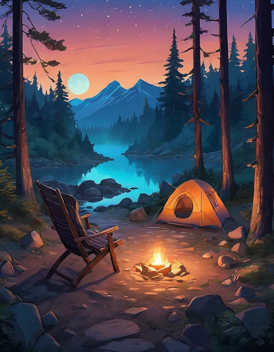 {  "prompt": "A serene night camping scene featuring a vintage blue van parked in a forest clearing. The van has warm, inviting lights glowing from inside, creating a cozy atmosphere. In front of the van, there's a small campfire surrounded by stones, with flames flickering and casting a warm light on the surroundings. Nearby, there is a folding chair and a small table with a lantern. The scene is set under a starry sky with twinkling stars and a few clouds, with strings of warm, hanging lights adding to the magical ambiance. Tall trees and rocky formations frame the scene, enhancing the sense of being in a secluded, peaceful natural setting. The overall art style is a blend of anime and comic book illustration, with vibrant colors and detailed line work.", 