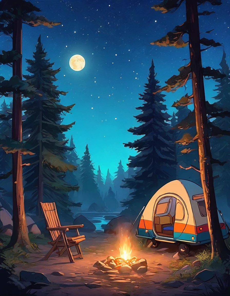 {  "prompt": "A serene night camping scene featuring a vintage blue van parked in a forest clearing. The van has warm, inviting lights glowing from inside, creating a cozy atmosphere. In front of the van, there's a small campfire surrounded by stones, with flames flickering and casting a warm light on the surroundings. Nearby, there is a folding chair and a small table with a lantern. The scene is set under a starry sky with twinkling stars and a few clouds, with strings of warm, hanging lights adding to the magical ambiance. Tall trees and rocky formations frame the scene, enhancing the sense of being in a secluded, peaceful natural setting. The overall art style is a blend of anime and comic book illustration, with vibrant colors and detailed line work.", 