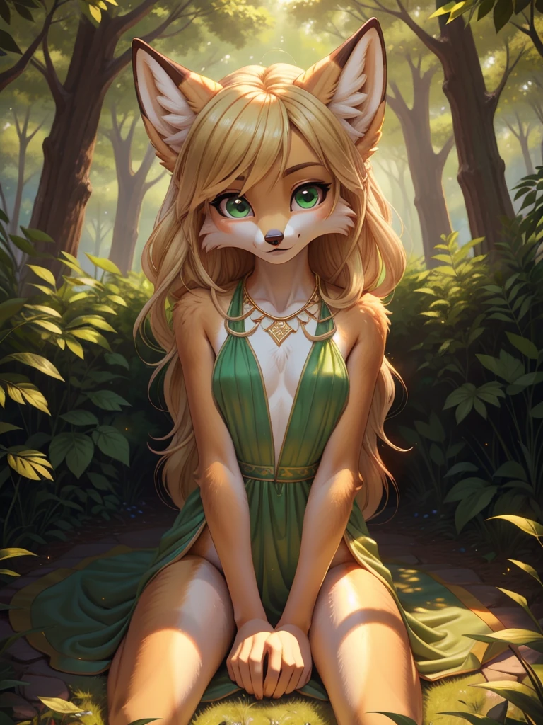 beautiful, (masterpiece), high quality, perfect lighting, Highly detailed CG Unity 8k wallpaper, High resolution, perfect lighting, youthful, adolescent, tall, slim, skinny, frail slender figure, slim legs, distinctly feminine figure, narrow hips, long legs, medium plump breasts, close-up shot, detailed face, A beautiful fox-girl, with long, luxurious blonde fur that shines in the sunlight. Her hair is wavy and voluminous, with streaks of caramel brown running through it. Her eyes are a striking emerald green, and her expression is one of quiet confidence. She wears a flowing sexy gown made of soft, patterned translucent fabric that showcases her narrow figure. and around her neck is a delicate gold necklace with a single sparkling gemstone.
She kneels thighs wide apart, hips bent heroic pose in front of a lush, green forest, the leaves rustling in the breeze.