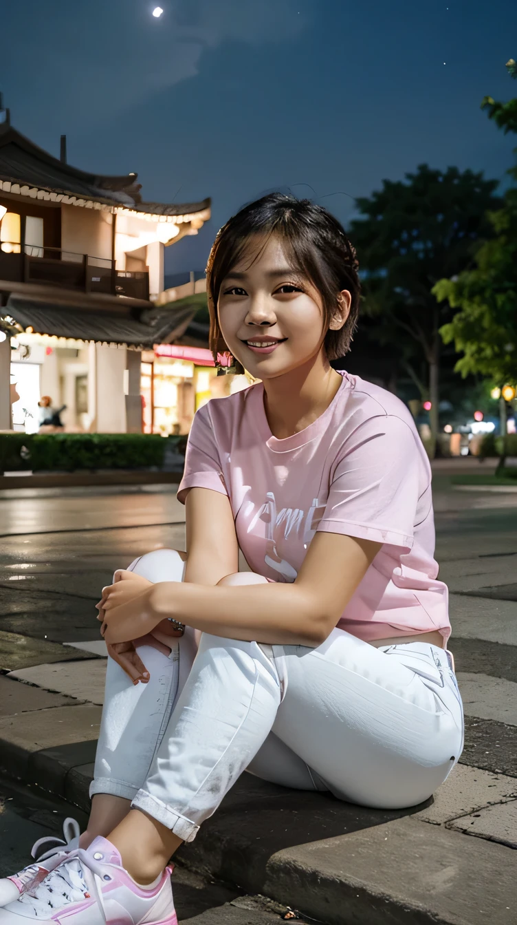 25-year-old Filipino woman wearing a pink T-shirt, White jeans and sneakers。smile、short hair、The background is a Korean park at night。.