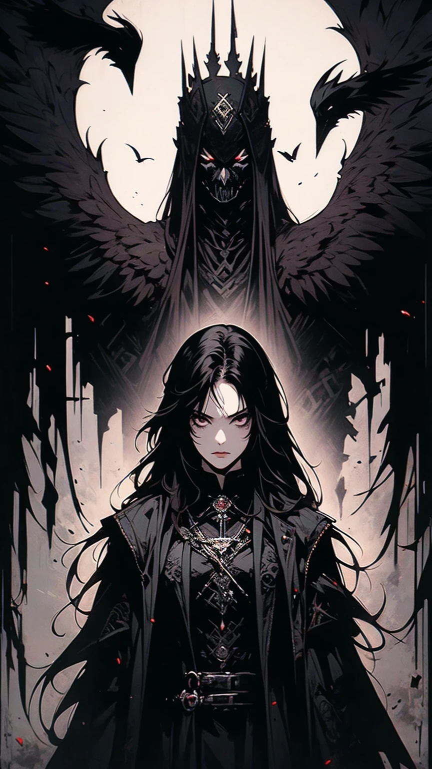 masterpiece,best quality,ultra-detailed,2girl,solo,crow,upper body,dark style,black hair,black clothes,standing,horror theme,