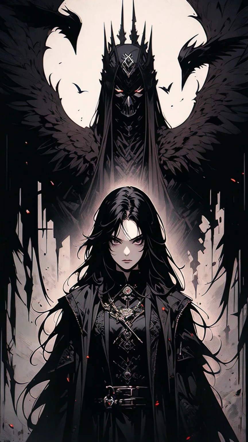 masterpiece,best quality,ultra-detailed,2girl,solo,crow,upper body,dark style,black hair,black clothes,standing,horror theme,