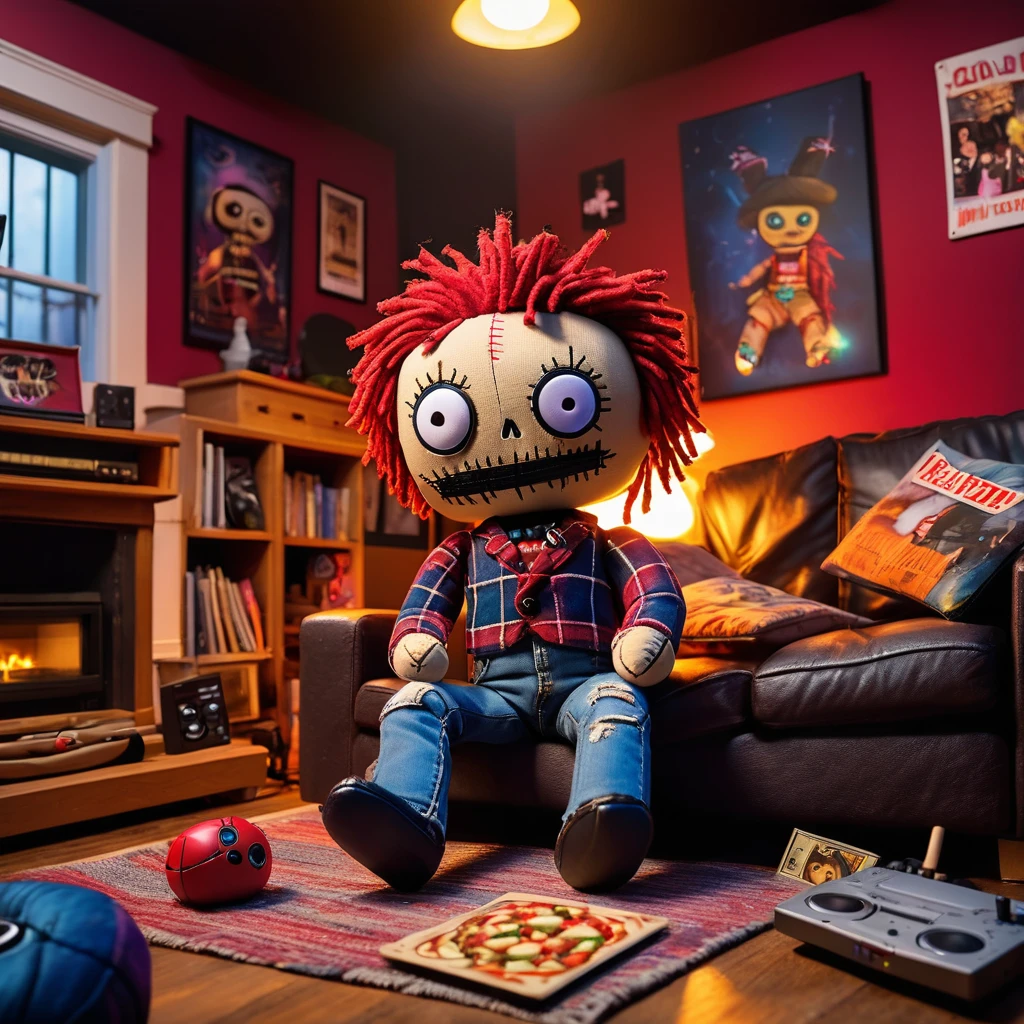 (knitted toy voodoo doll:1.7), (Voodoo Doll at a 90s House Party:1.3), (Clothing: grunge attire with plaid shirts and torn jeans:1.0), (Accessories: enchanted CD player emitting glowing music notes, floating pizza boxes:1.2), (background: cozy living room with friends, bean bags, and movie posters:1.2), best quality, masterpiece, detailed soft oil painting, detailed background, dramatic cinematic lighting, soft edge lighting, professional, dramatic lighting, hard edge lighting, ultra quality, 4k,masterpiece, best quality, 8k, ultra highres, highres, extremely detailed